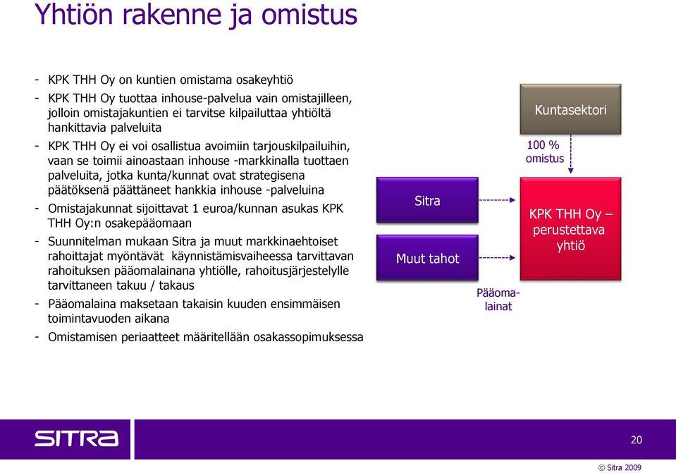 päätöksenä päättäneet hankkia inhouse -palveluina - Omistajakunnat sijoittavat 1 euroa/kunnan asukas KPK THH Oy:n osakepääomaan - Suunnitelman mukaan Sitra ja muut markkinaehtoiset rahoittajat