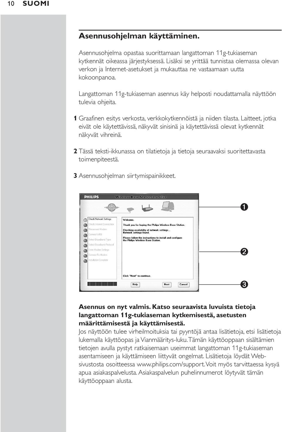 Langattoman 11g-tukiaseman asennus käy helposti noudattamalla näyttöön tulevia ohjeita. 1 Graafinen esitys verkosta, verkkokytkennöistä ja niiden tilasta.