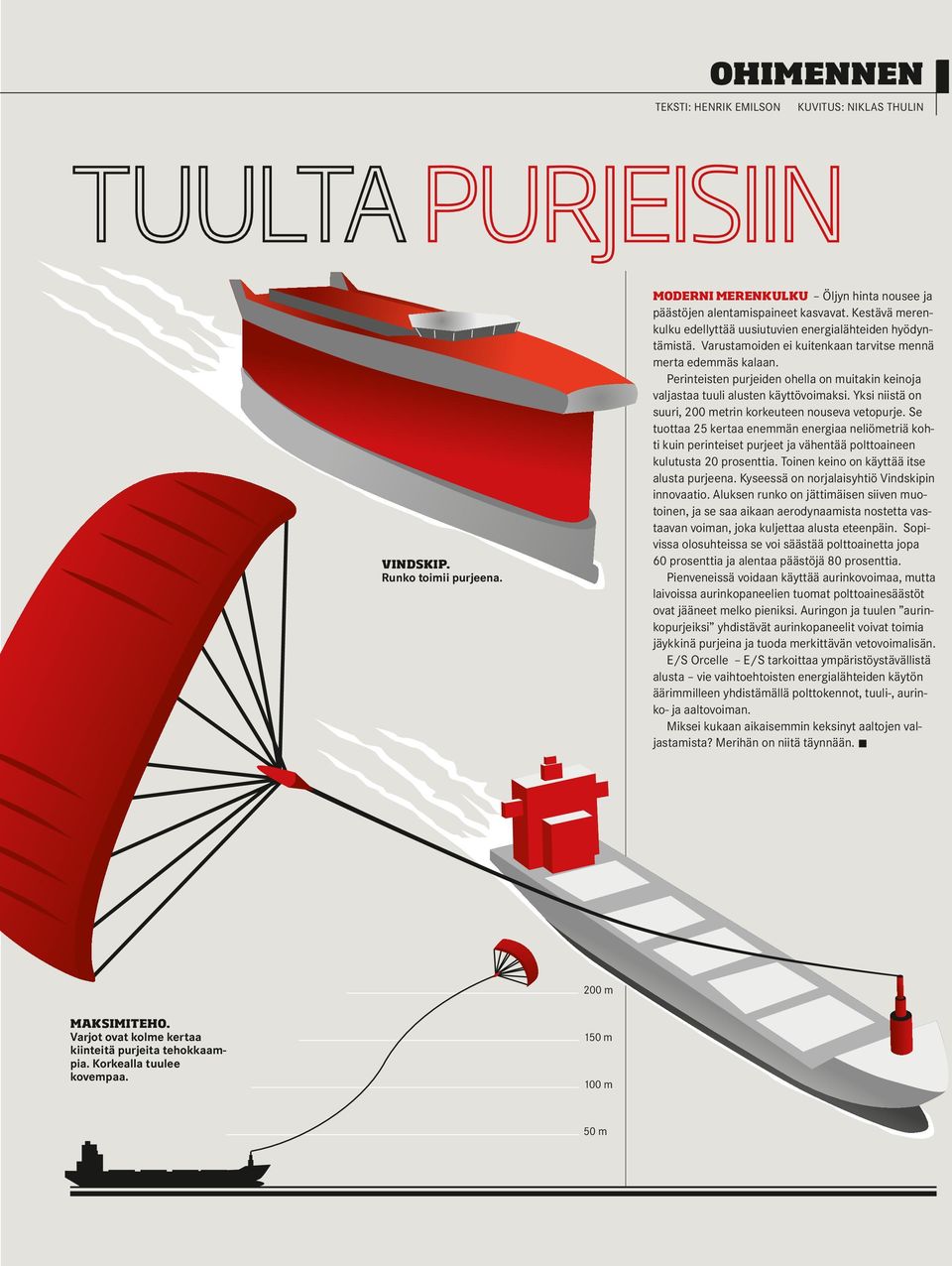 Perinteisten purjeiden ohella on muitakin keinoja valjastaa tuuli alusten käyttövoimaksi. Yksi niistä on suuri, 200 metrin korkeuteen nouseva vetopurje.