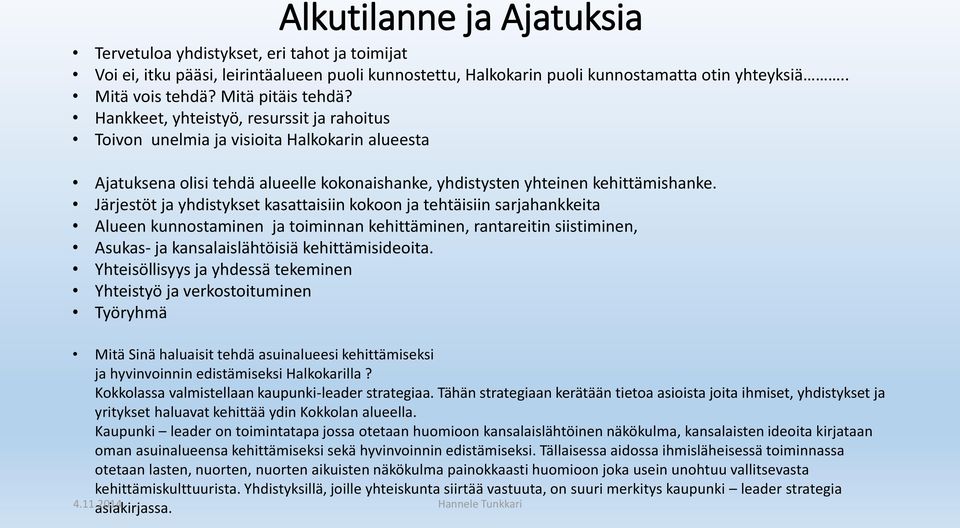 Järjestöt ja yhdistykset kasattaisiin kokoon ja tehtäisiin sarjahankkeita Alueen kunnostaminen ja toiminnan kehittäminen, rantareitin siistiminen, Asukas- ja kansalaislähtöisiä kehittämisideoita.