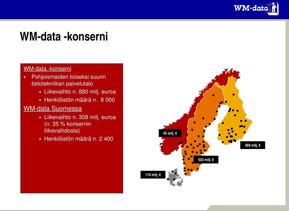 euroa Henkilöstön määrä n. 8 000 WM data Suomessa Liikevaihto n. 308 milj.
