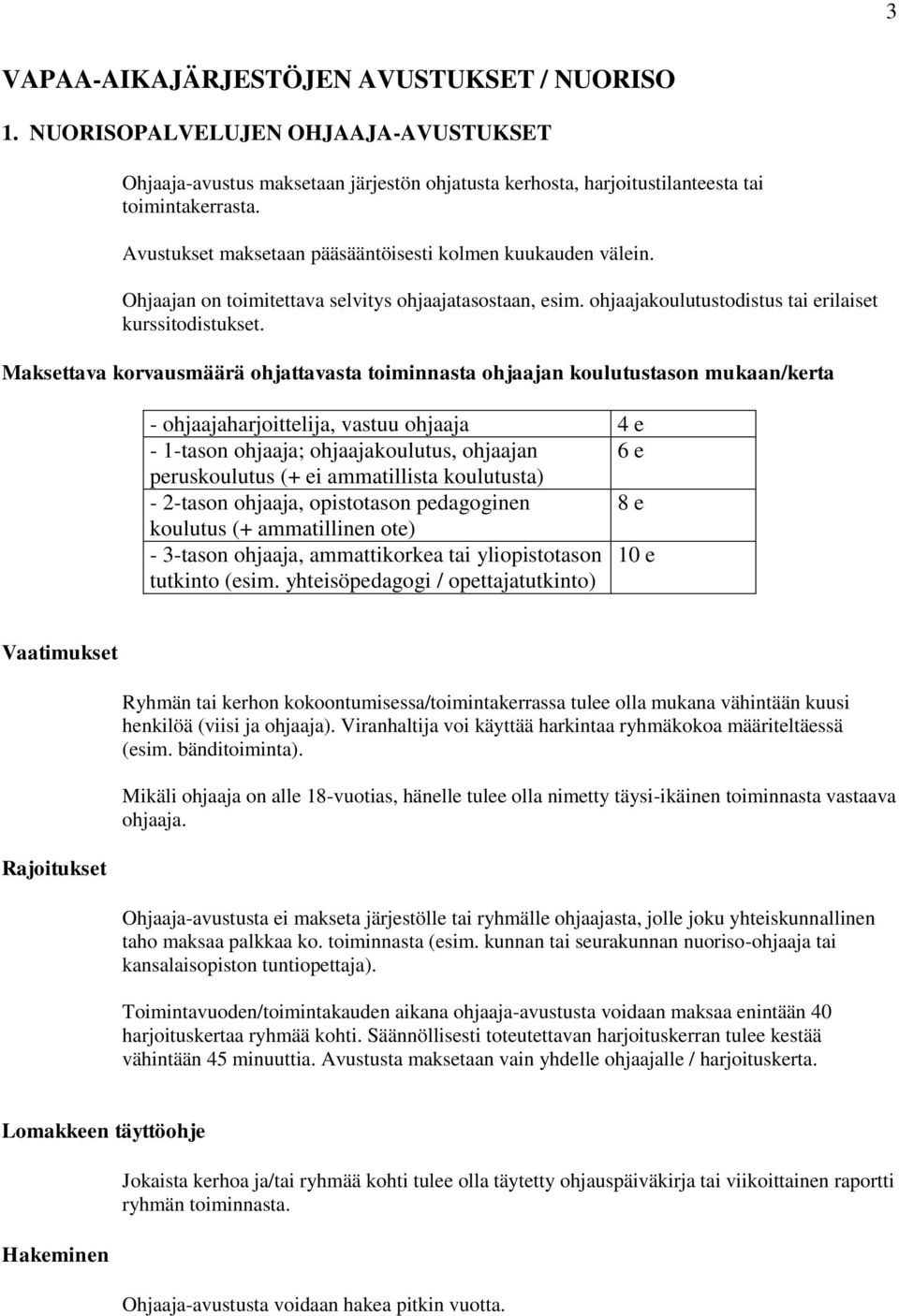 Maksettava korvausmäärä ohjattavasta toiminnasta ohjaajan koulutustason mukaan/kerta - ohjaajaharjoittelija, vastuu ohjaaja 4 e - 1-tason ohjaaja; ohjaajakoulutus, ohjaajan 6 e peruskoulutus (+ ei