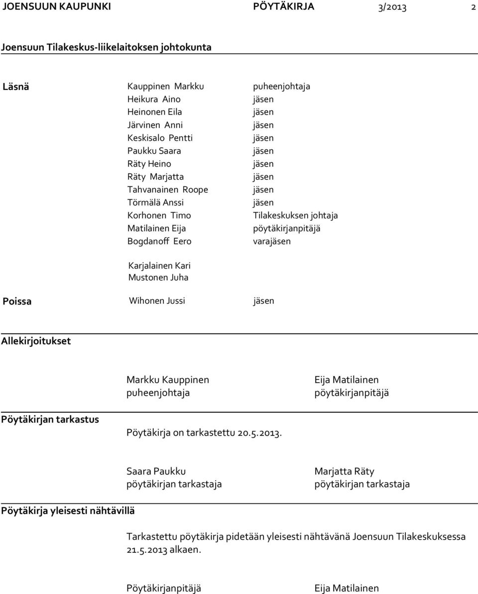 Allekirjoitukset Markku Kauppinen puheenjohtaja Eija Matilainen pöytäkirjanpitäjä Pöytäkirjan tarkastus Pöytäkirja on tarkastettu 20.5.2013.