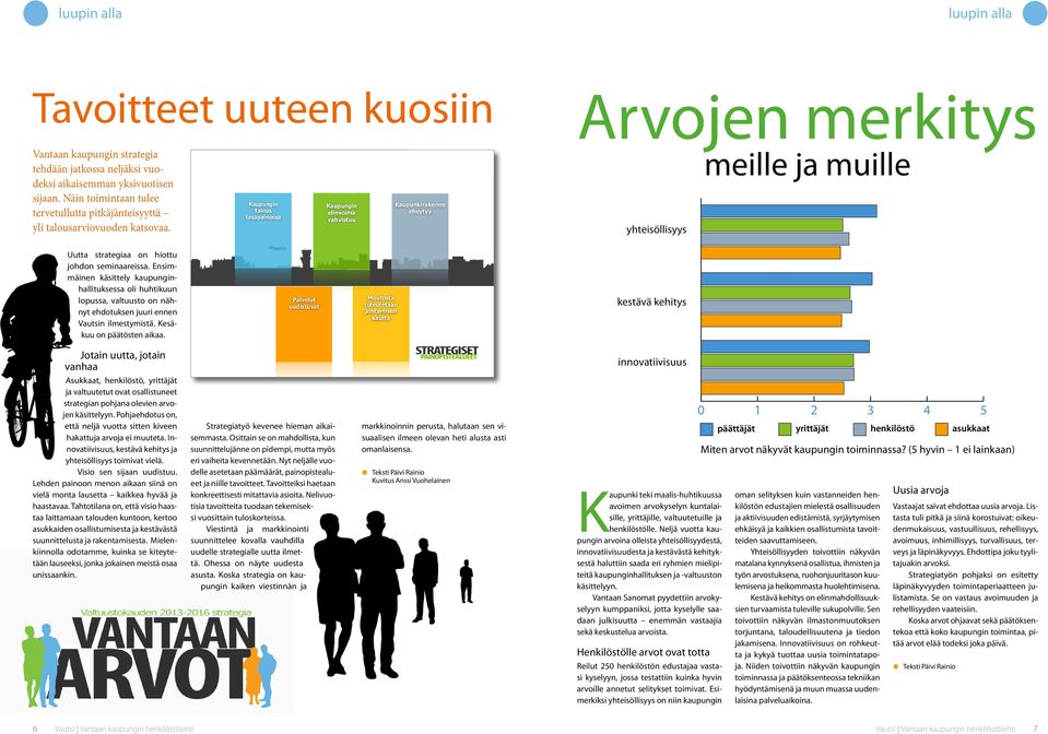 Kaupungin talous tasapainossa Kaupungin elinvoima vahvistuu Kaupunkirakenne eheytyy Arvojen merkitys meille ja muille yhteisöllisyys Uutta strategiaa on hiottu johdon seminaareissa.