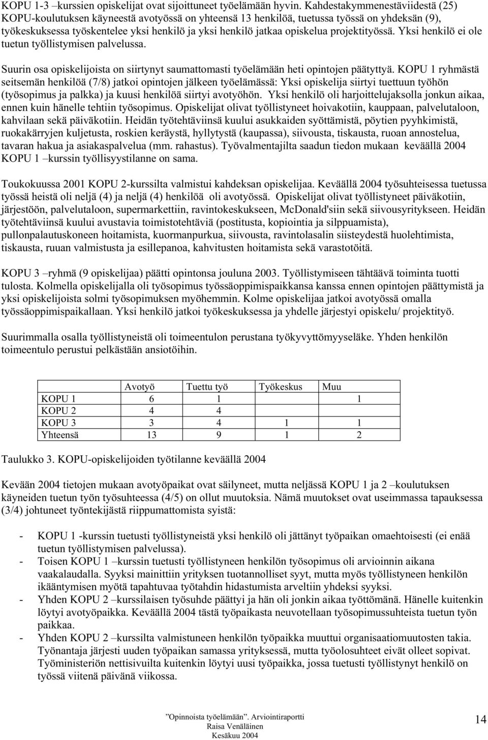 opiskelua projektityössä. Yksi henkilö ei ole tuetun työllistymisen palvelussa. Suurin osa opiskelijoista on siirtynyt saumattomasti työelämään heti opintojen päätyttyä.