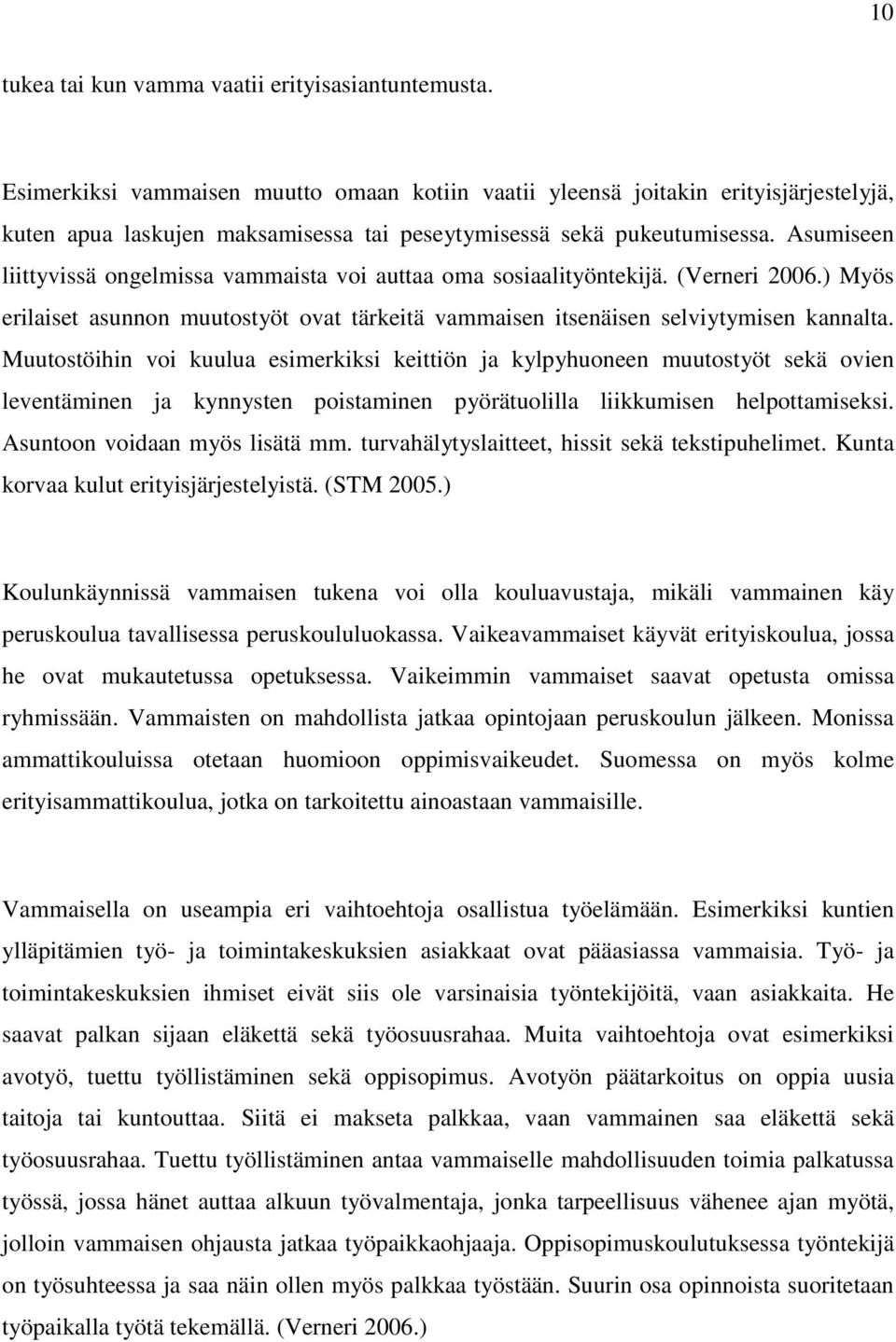 Asumiseen liittyvissä ongelmissa vammaista voi auttaa oma sosiaalityöntekijä. (Verneri 2006.) Myös erilaiset asunnon muutostyöt ovat tärkeitä vammaisen itsenäisen selviytymisen kannalta.