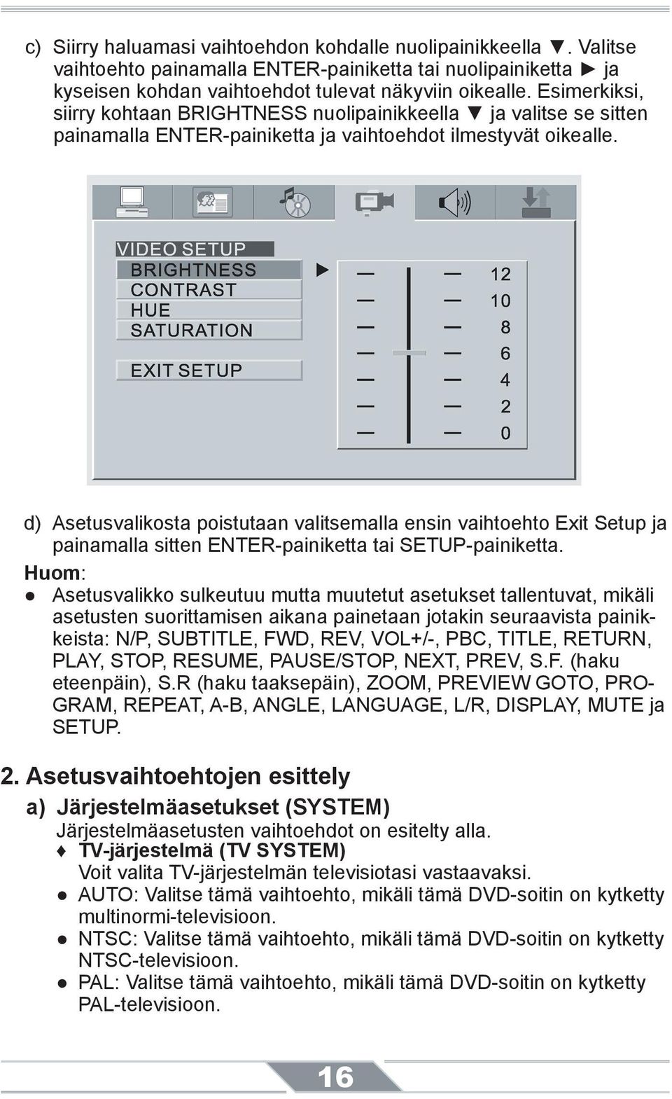 d) Asetusvalikosta poistutaan valitsemalla ensin vaihtoehto Exit Setup ja painamalla sitten ENTER-painiketta tai SETUP-painiketta.