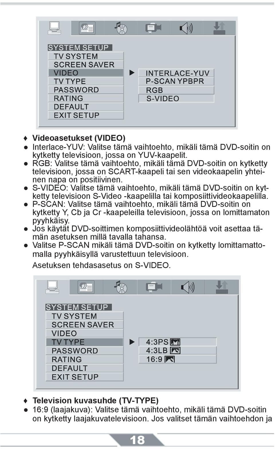 S-VIDEO: Valitse tämä vaihtoehto, mikäli tämä DVD-soitin on kytketty televisioon S-Video -kaapelilla tai komposiittivideokaapelilla.