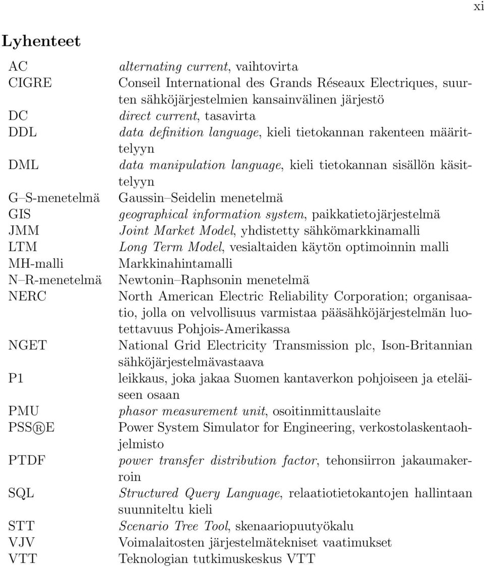 tietokannan sisällön käsittelyyn Gaussin Seidelin menetelmä geographical information system, paikkatietojärjestelmä Joint Market Model, yhdistetty sähkömarkkinamalli Long Term Model, vesialtaiden