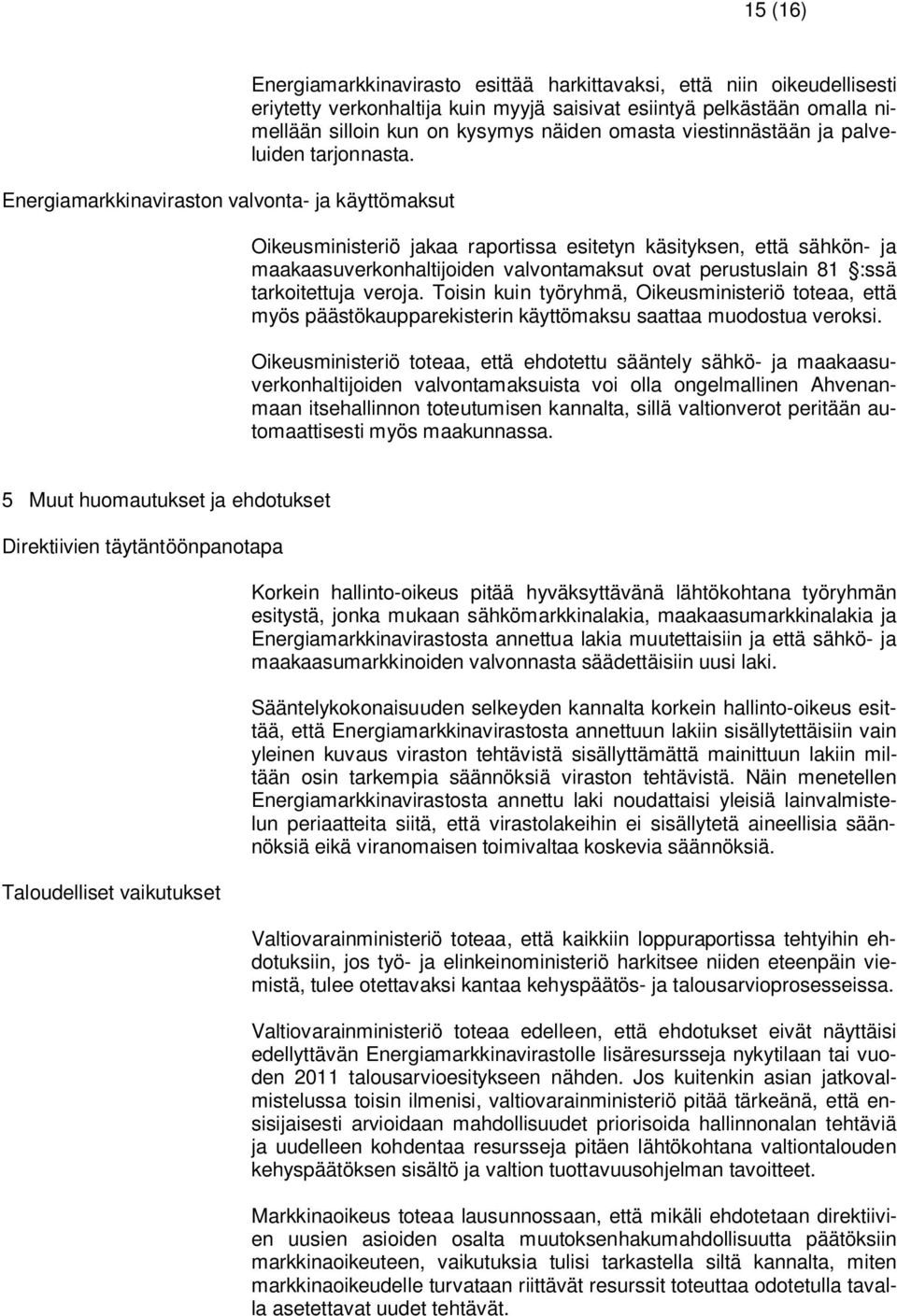 Oikeusministeriö jakaa raportissa esitetyn käsityksen, että sähkön- ja maakaasuverkonhaltijoiden valvontamaksut ovat perustuslain 81 :ssä tarkoitettuja veroja.