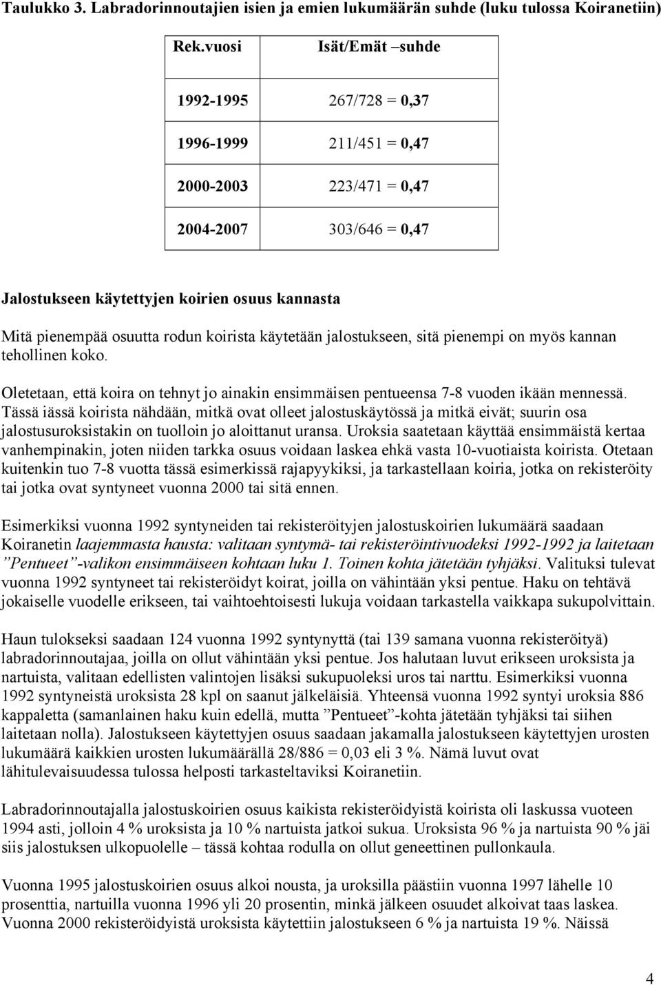 koirista käytetään jalostukseen, sitä pienempi on myös kannan tehollinen koko. Oletetaan, että koira on tehnyt jo ainakin ensimmäisen pentueensa 7-8 vuoden ikään mennessä.