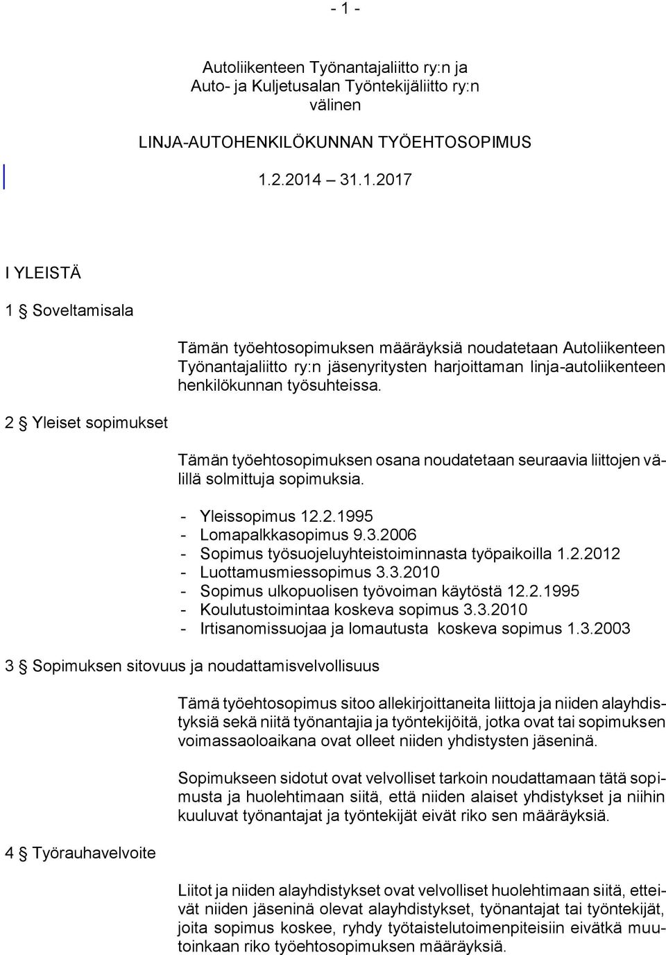 2006 - Sopimus työsuojeluyhteistoiminnasta työpaikoilla 1.2.2012 - Luottamusmiessopimus 3.3.2010 - Sopimus ulkopuolisen työvoiman käytöstä 12.2.1995 - Koulutustoimintaa koskeva sopimus 3.3.2010 - Irtisanomissuojaa ja lomautusta koskeva sopimus 1.