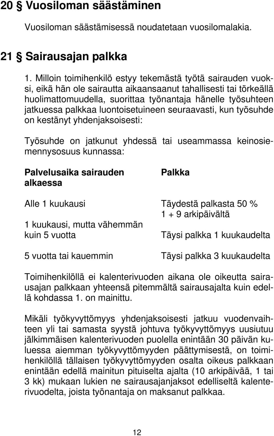 palkkaa luontoisetuineen seuraavasti, kun työsuhde on kestänyt yhdenjaksoisesti: Työsuhde on jatkunut yhdessä tai useammassa keinosiemennysosuus kunnassa: Palvelusaika sairauden alkaessa Palkka Alle
