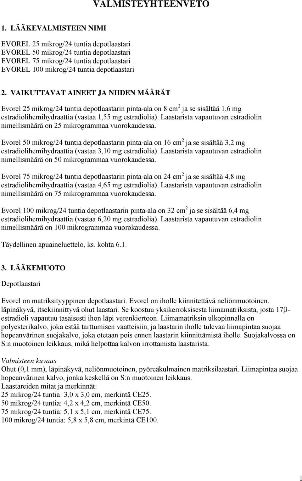 VAIKUTTAVAT AINEET JA NIIDEN MÄÄRÄT Evorel 25 mikrog/24 tuntia depotlaastarin pinta-ala on 8 cm 2 ja se sisältää 1,6 mg estradiolihemihydraattia (vastaa 1,55 mg estradiolia).