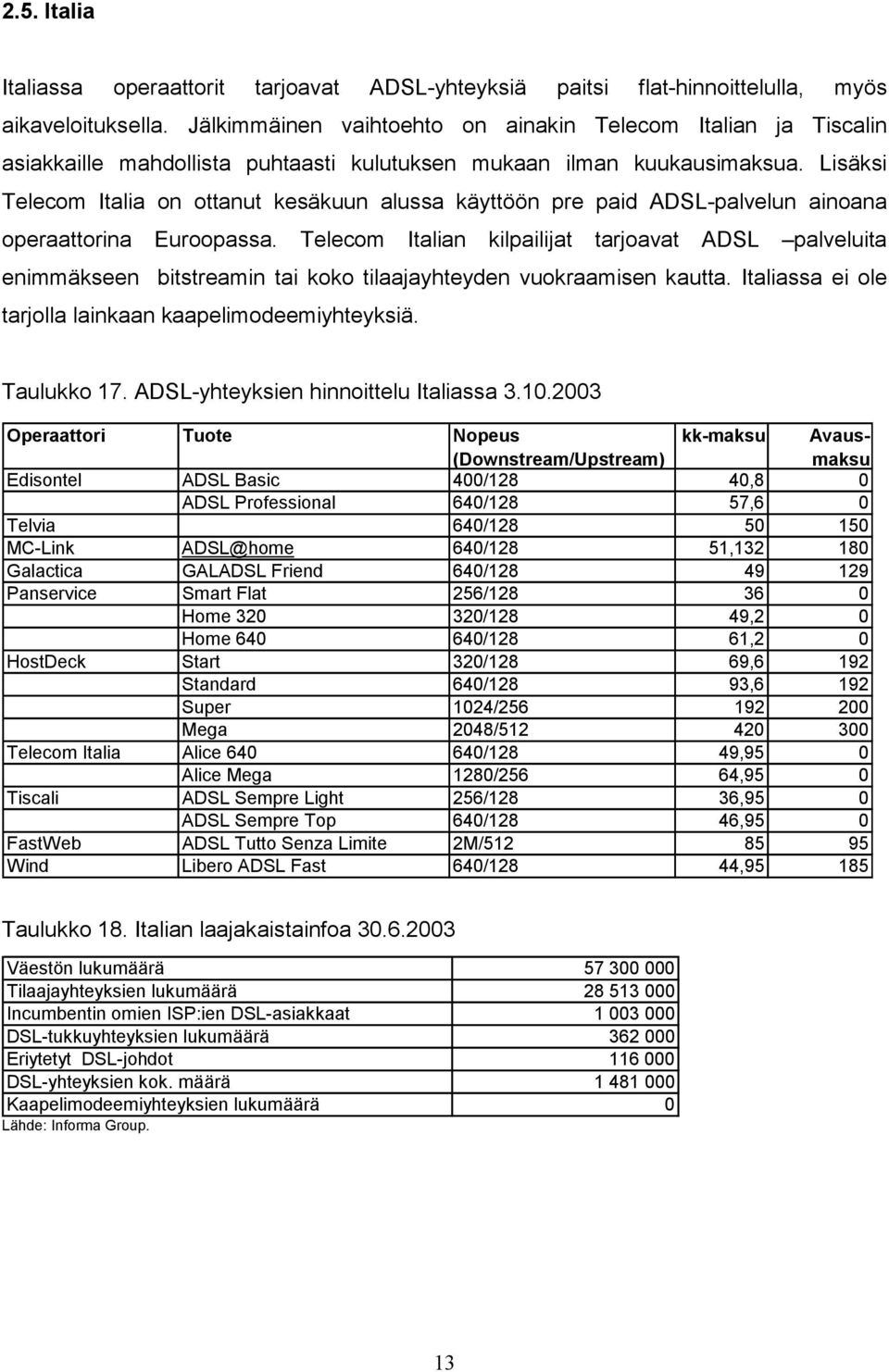 Lisäksi Telecom Italia on ottanut kesäkuun alussa käyttöön pre paid ADSL-palvelun ainoana operaattorina Euroopassa.