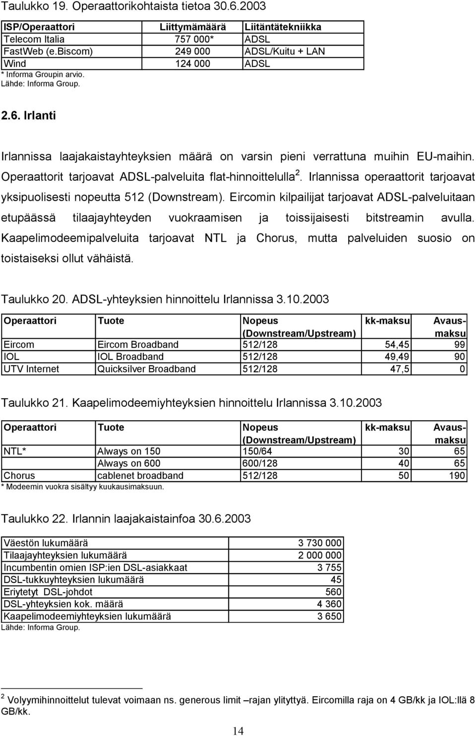 Operaattorit tarjoavat ADSL-palveluita flat-hinnoittelulla 2. Irlannissa operaattorit tarjoavat yksipuolisesti nopeutta 512 (Downstream).