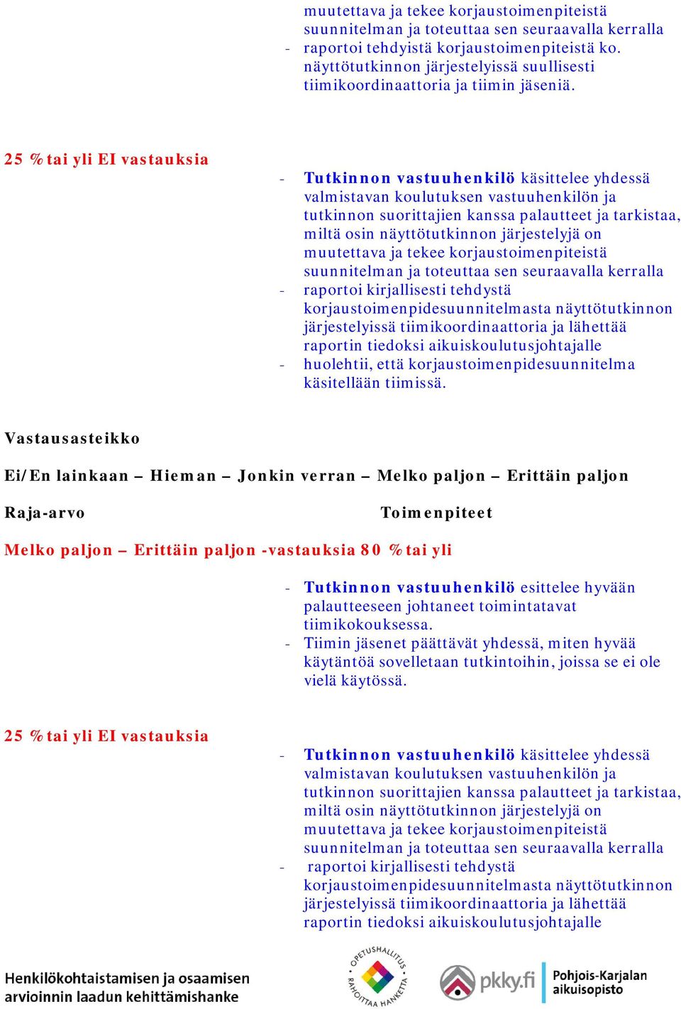 valmistavan koulutuksen vastuuhenkilön ja tutkinnon suorittajien kanssa palautteet ja tarkistaa, miltä osin näyttötutkinnon järjestelyjä on muutettava ja tekee korjaustoimenpiteistä suunnitelman ja