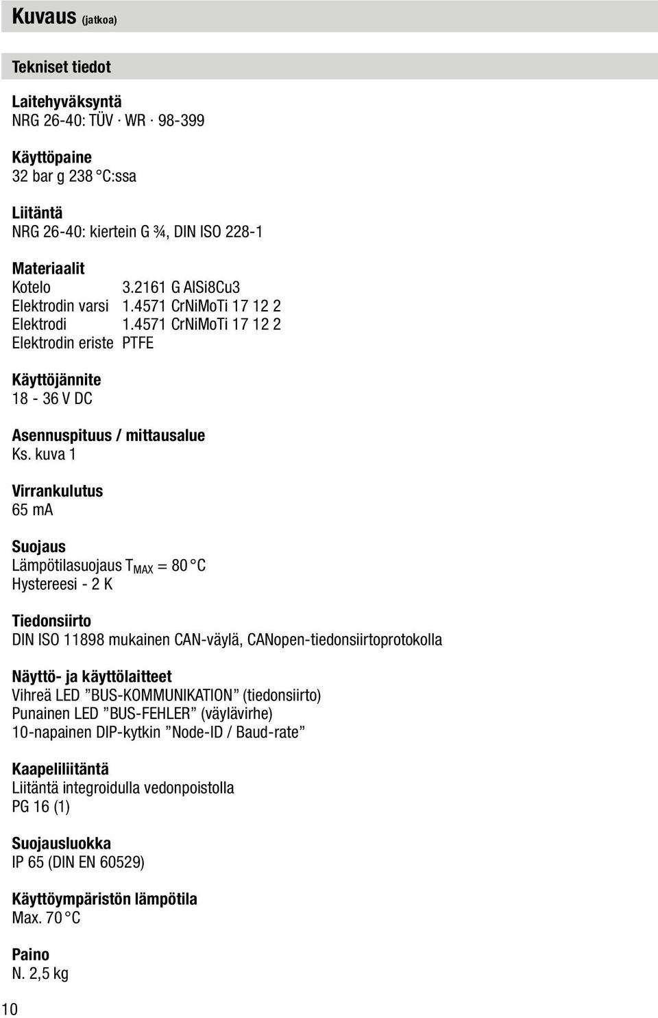 kuva 1 Virrankulutus 65 ma Suojaus Lämpötilasuojaus T MAX = 80 C Hystereesi - 2 K Tiedonsiirto DIN ISO 11898 mukainen CAN-väylä, CANopen-tiedonsiirtoprotokolla Näyttö- ja käyttölaitteet Vihreä LED