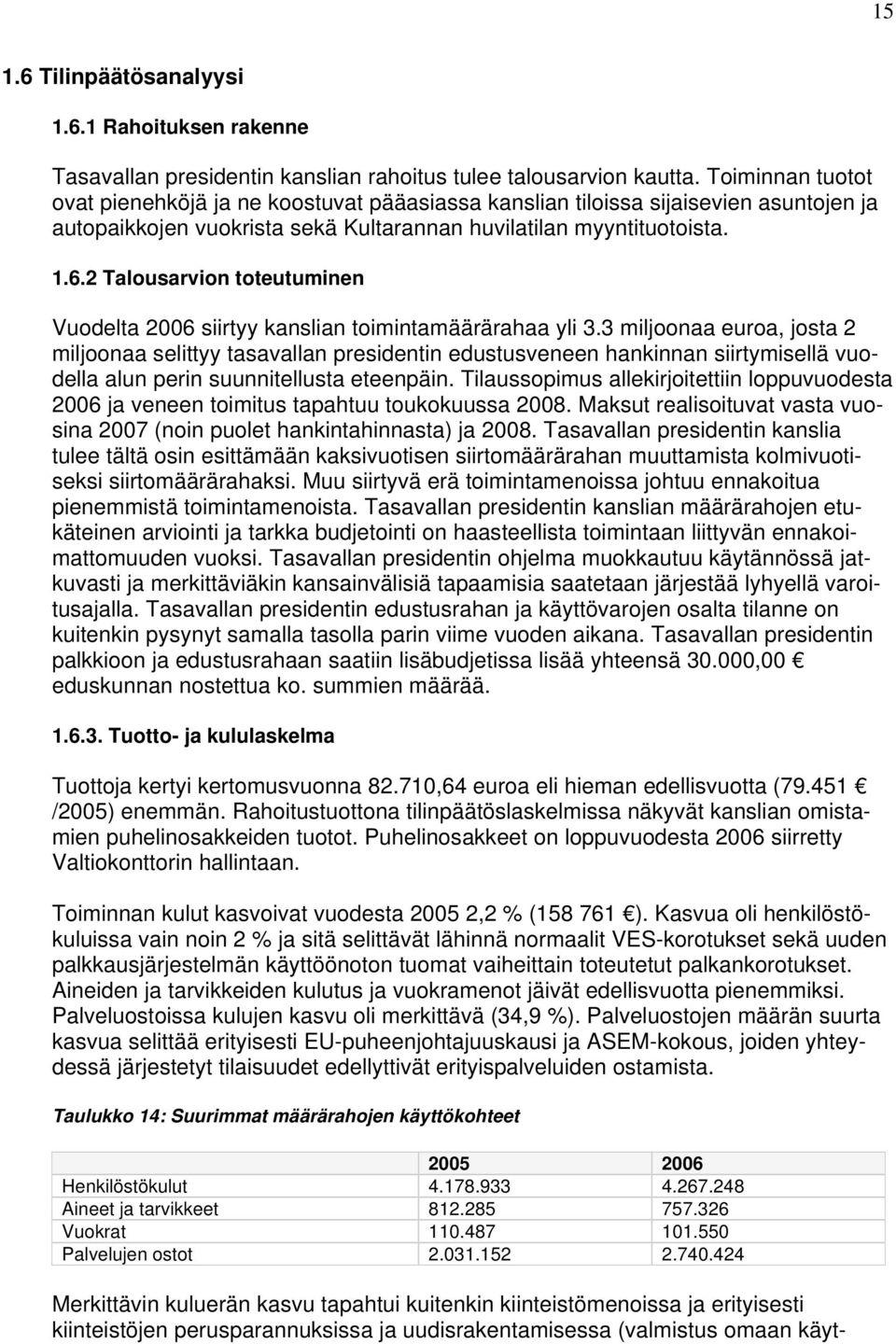 2 Talousarvion toteutuminen Vuodelta 2006 siirtyy kanslian toimintamäärärahaa yli 3.