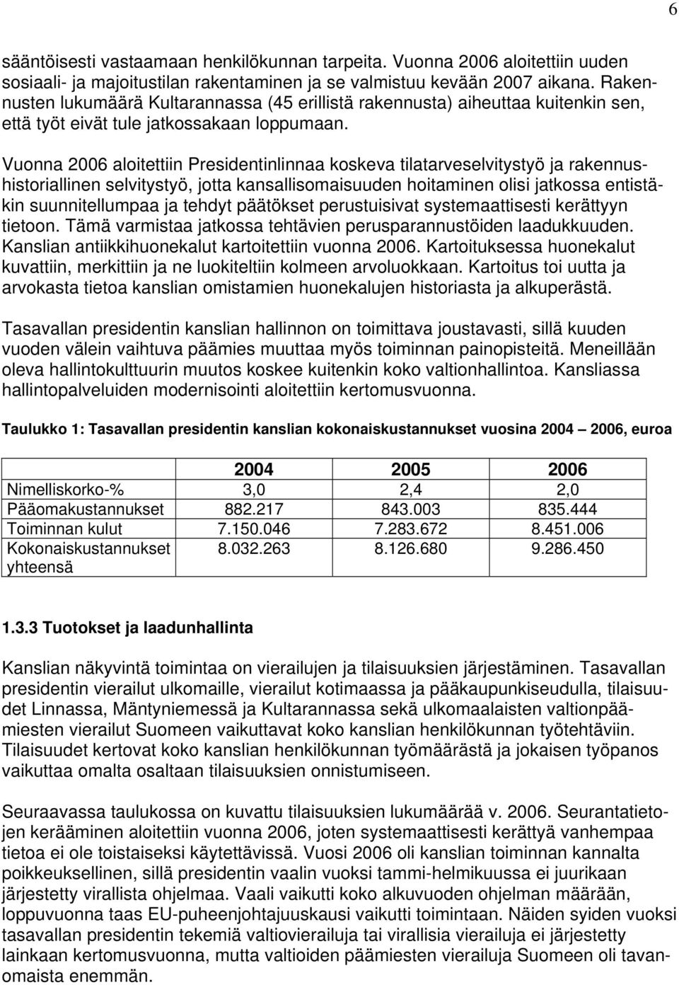 Vuonna 2006 aloitettiin Presidentinlinnaa koskeva tilatarveselvitystyö ja rakennushistoriallinen selvitystyö, jotta kansallisomaisuuden hoitaminen olisi jatkossa entistäkin suunnitellumpaa ja tehdyt