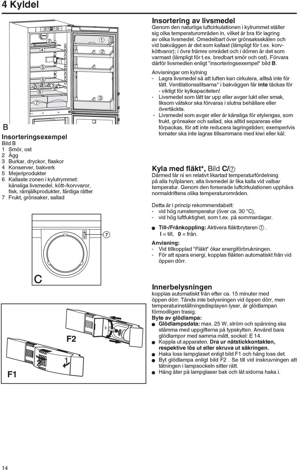 av olika livsmedel. Omedelbart över grönsaksskålen och vid bakväggen är det som kallast (lämpligt för t.ex. korvköttvaror); i övre främre området och i dörren är det som varmast (lämpligt för t.ex. bredbart smör och ost).