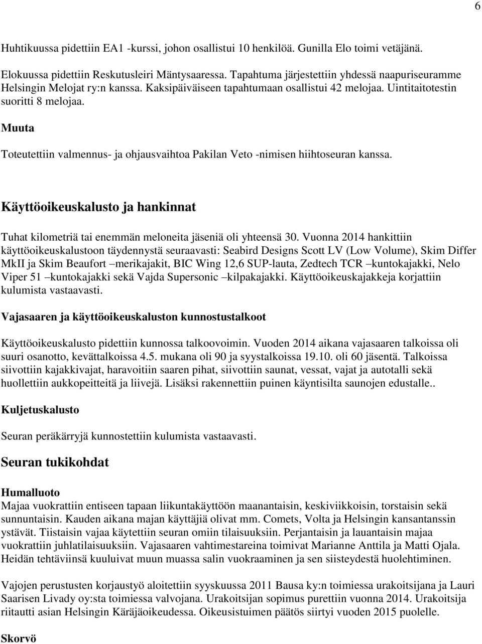 Muuta Toteutettiin valmennus- ja ohjausvaihtoa Pakilan Veto -nimisen hiihtoseuran kanssa. Käyttöoikeuskalusto ja hankinnat Tuhat kilometriä tai enemmän meloneita jäseniä oli yhteensä 30.