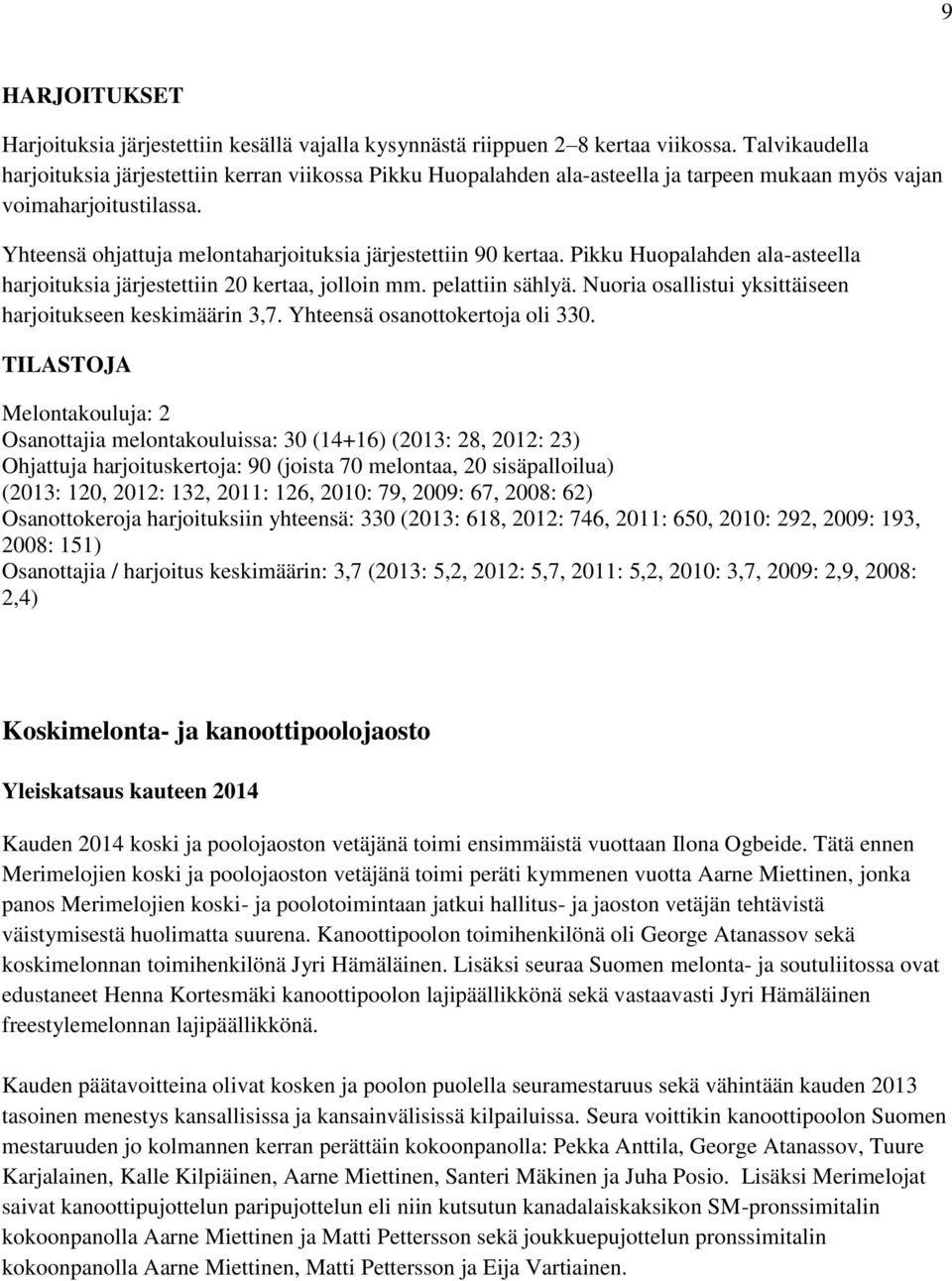 Yhteensä ohjattuja melontaharjoituksia järjestettiin 90 kertaa. Pikku Huopalahden ala-asteella harjoituksia järjestettiin 20 kertaa, jolloin mm. pelattiin sählyä.