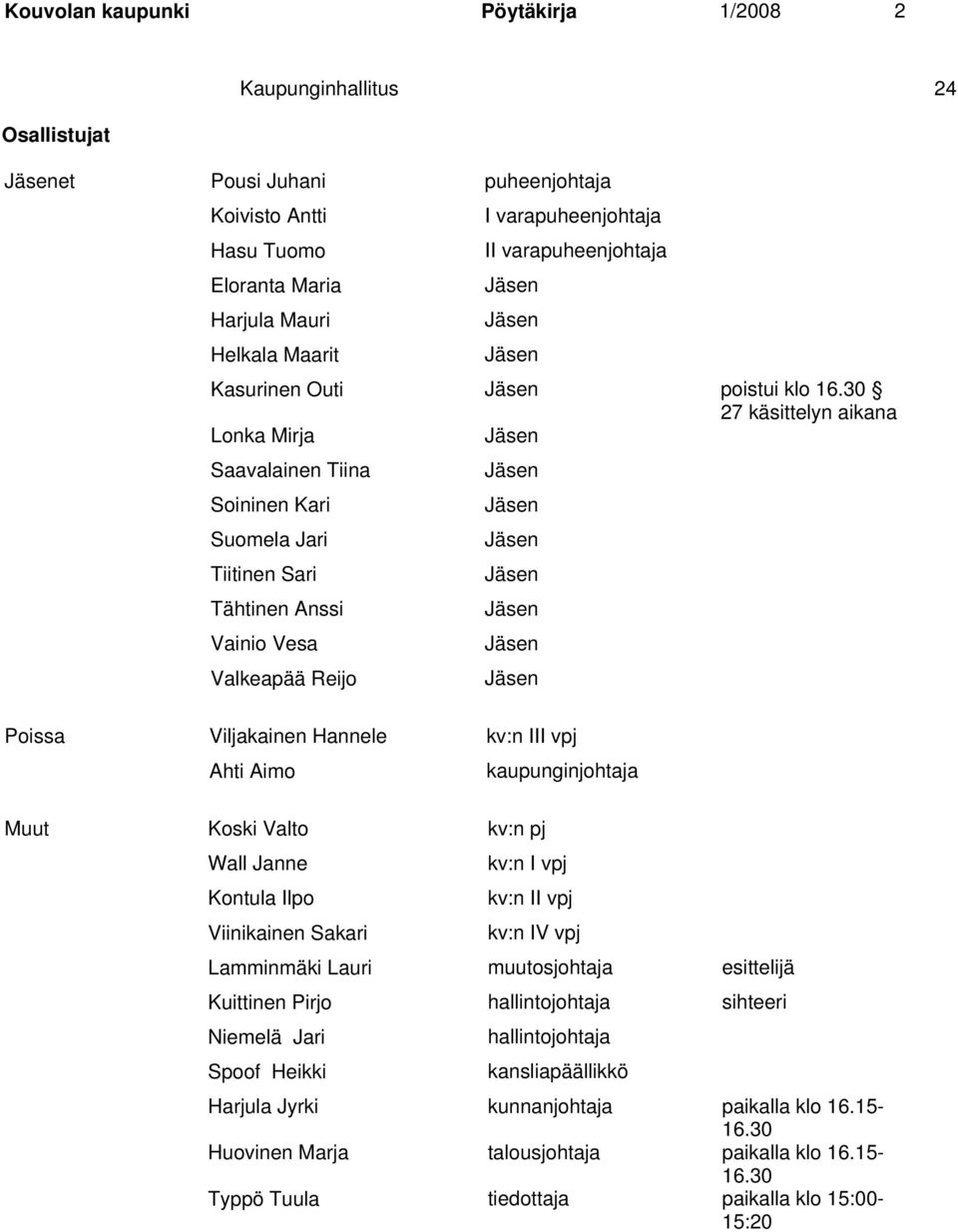 30 27 käsittelyn aikana Lonka Mirja Jäsen Saavalainen Tiina Jäsen Soininen Kari Jäsen Suomela Jari Jäsen Tiitinen Sari Jäsen Tähtinen Anssi Jäsen Vainio Vesa Jäsen Valkeapää Reijo Jäsen Poissa