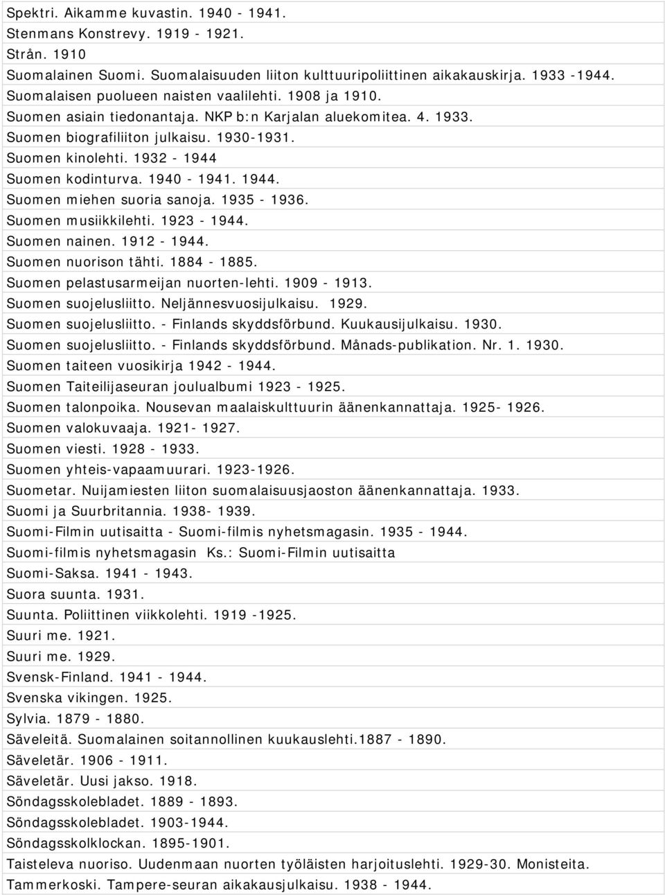 1932-1944 Suomen kodinturva. 1940-1941. 1944. Suomen miehen suoria sanoja. 1935-1936. Suomen musiikkilehti. 1923-1944. Suomen nainen. 1912-1944. Suomen nuorison tähti. 1884-1885.