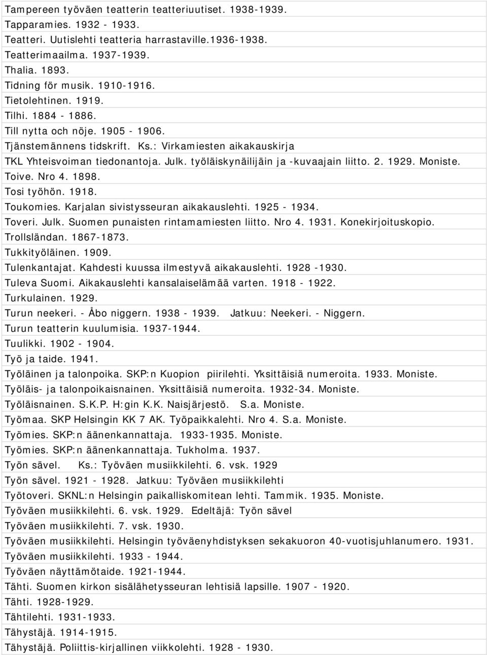 työläiskynäilijäin ja -kuvaajain liitto. 2. 1929. Moniste. Toive. Nro 4. 1898. Tosi työhön. 1918. Toukomies. Karjalan sivistysseuran aikakauslehti. 1925-1934. Toveri. Julk.