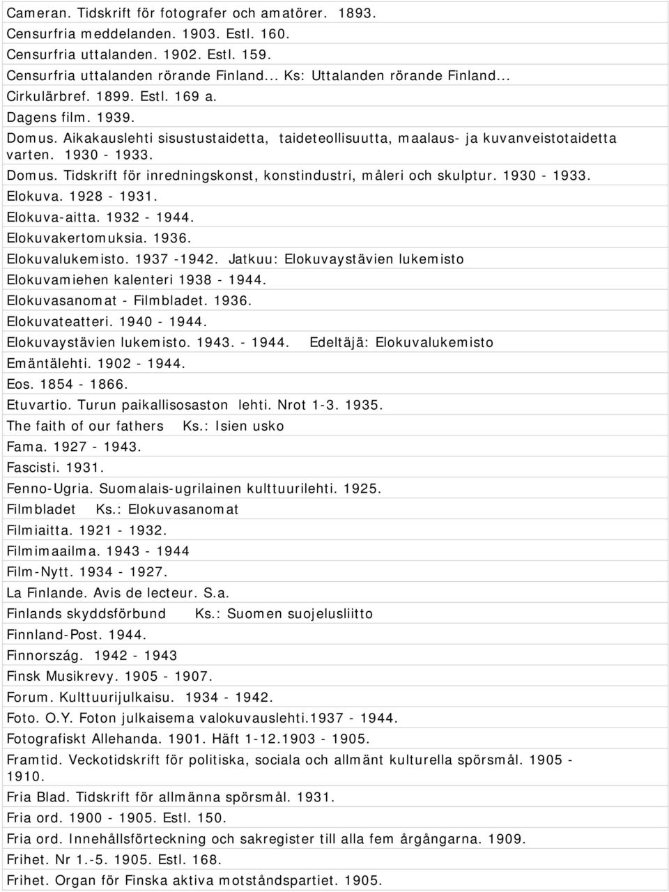 Domus. Tidskrift för inredningskonst, konstindustri, måleri och skulptur. 1930-1933. Elokuva. 1928-1931. Elokuva-aitta. 1932-1944. Elokuvakertomuksia. 1936. Elokuvalukemisto. 1937-1942.