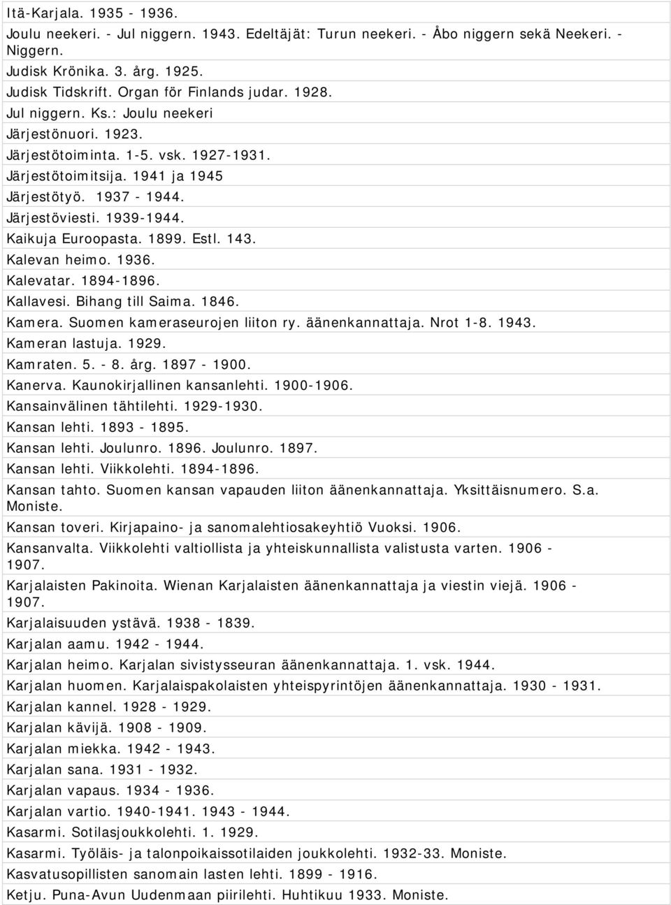 Kaikuja Euroopasta. 1899. Estl. 143. Kalevan heimo. 1936. Kalevatar. 1894-1896. Kallavesi. Bihang till Saima. 1846. Kamera. Suomen kameraseurojen liiton ry. äänenkannattaja. Nrot 1-8. 1943.