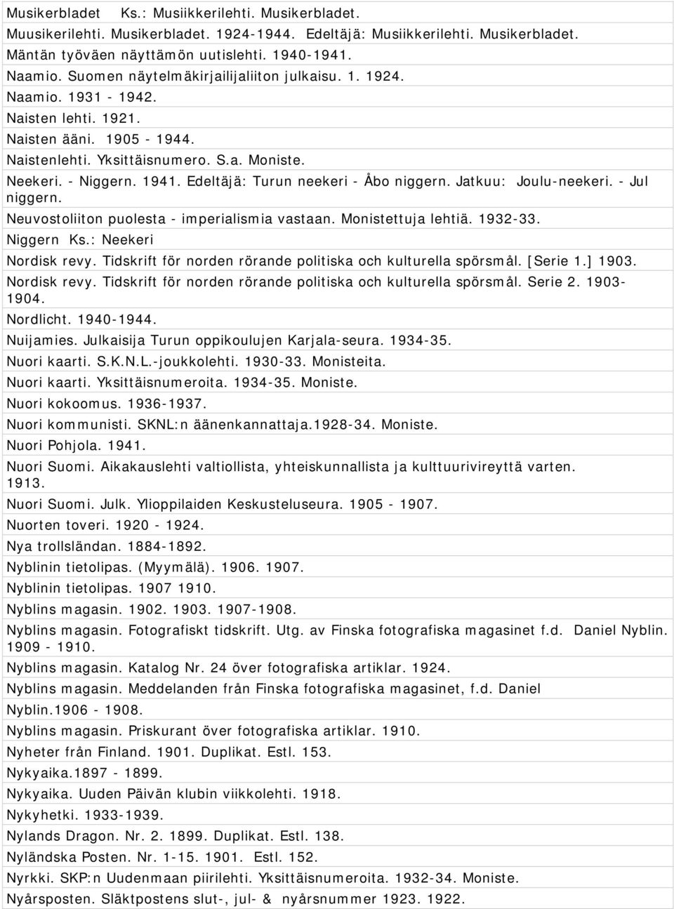 Edeltäjä: Turun neekeri - Åbo niggern. Jatkuu: Joulu-neekeri. - Jul niggern. Neuvostoliiton puolesta - imperialismia vastaan. Monistettuja lehtiä. 1932-33. Niggern Ks.: Neekeri Nordisk revy.