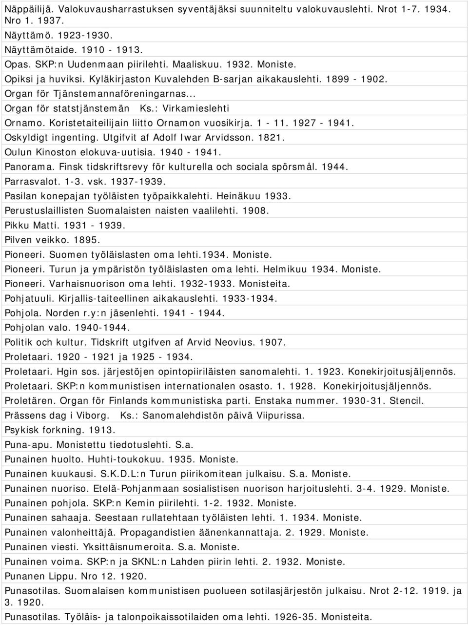 Koristetaiteilijain liitto Ornamon vuosikirja. 1-11. 1927-1941. Oskyldigt ingenting. Utgifvit af Adolf Iwar Arvidsson. 1821. Oulun Kinoston elokuva-uutisia. 1940-1941. Panorama.