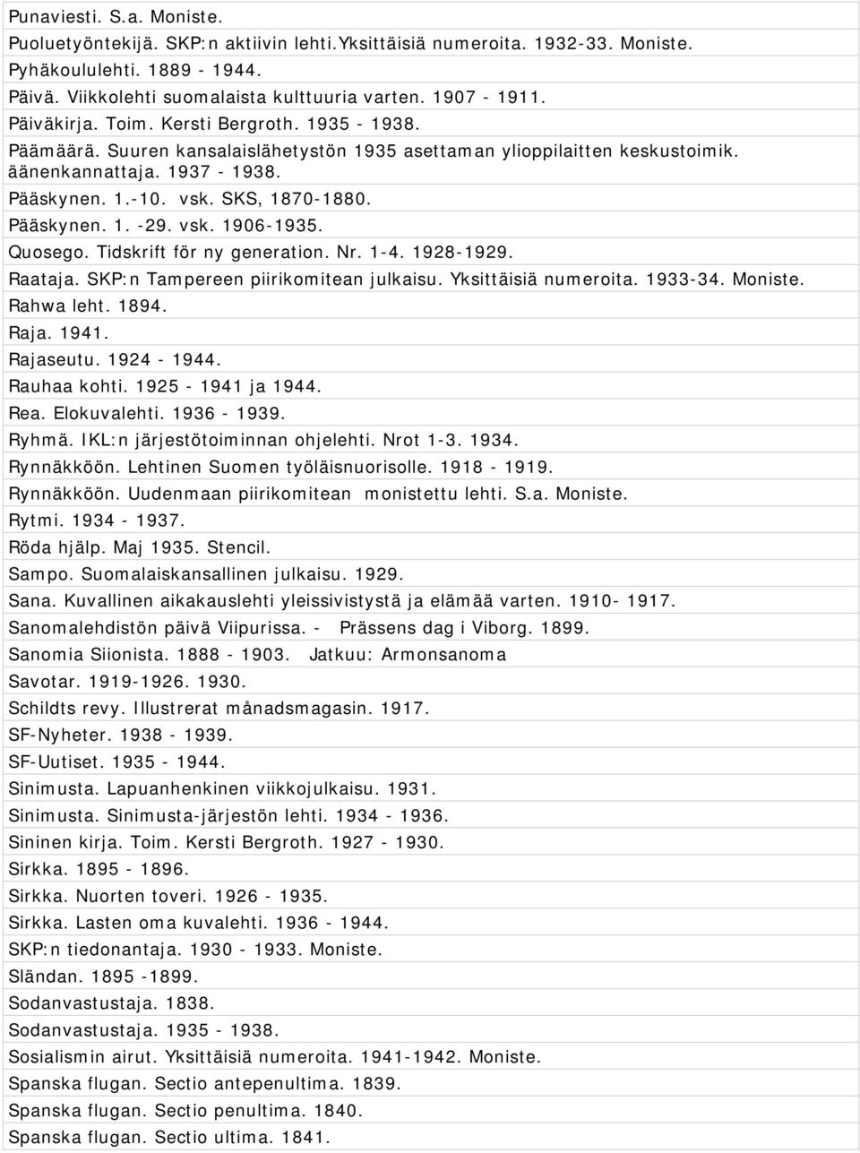 Pääskynen. 1. -29. vsk. 1906-1935. Quosego. Tidskrift för ny generation. Nr. 1-4. 1928-1929. Raataja. SKP:n Tampereen piirikomitean julkaisu. Yksittäisiä numeroita. 1933-34. Moniste. Rahwa leht. 1894.