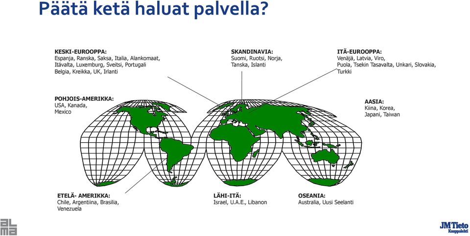 Irlanti SKANDINAVIA: Suomi, Ruotsi, Norja, Tanska, Islanti ITÄ-EUROOPPA: Venäjä, Latvia, Viro, Puola, Tsekin Tasavalta,
