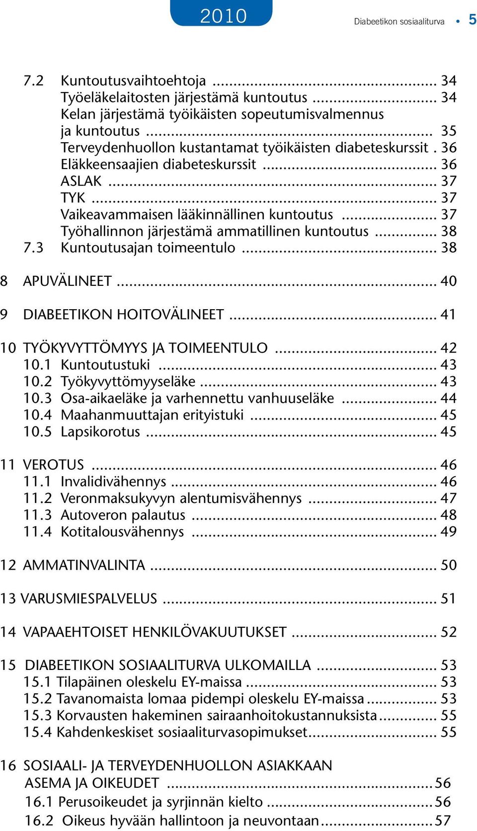 .. 37 Työhallinnon järjestämä ammatillinen kuntoutus... 38 7.3 Kuntoutusajan toimeentulo... 38 8 APUVÄLINEET... 40 9 DIABEETIKON HOITOVÄLINEET... 41 10 TYÖKYVYTTÖMYYS JA TOIMEENTULO... 42 10.