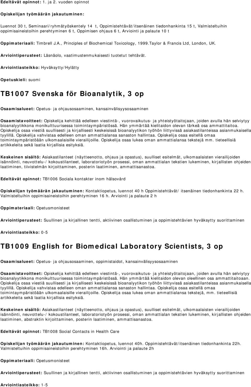 Oppimisen ohjaus 6 t, Arviointi ja palaute 10 t Oppimateriaali: Timbrell J.A., Principles of Biochemical Toxicology, 1999.Taylor & Francis Ltd, London, UK.