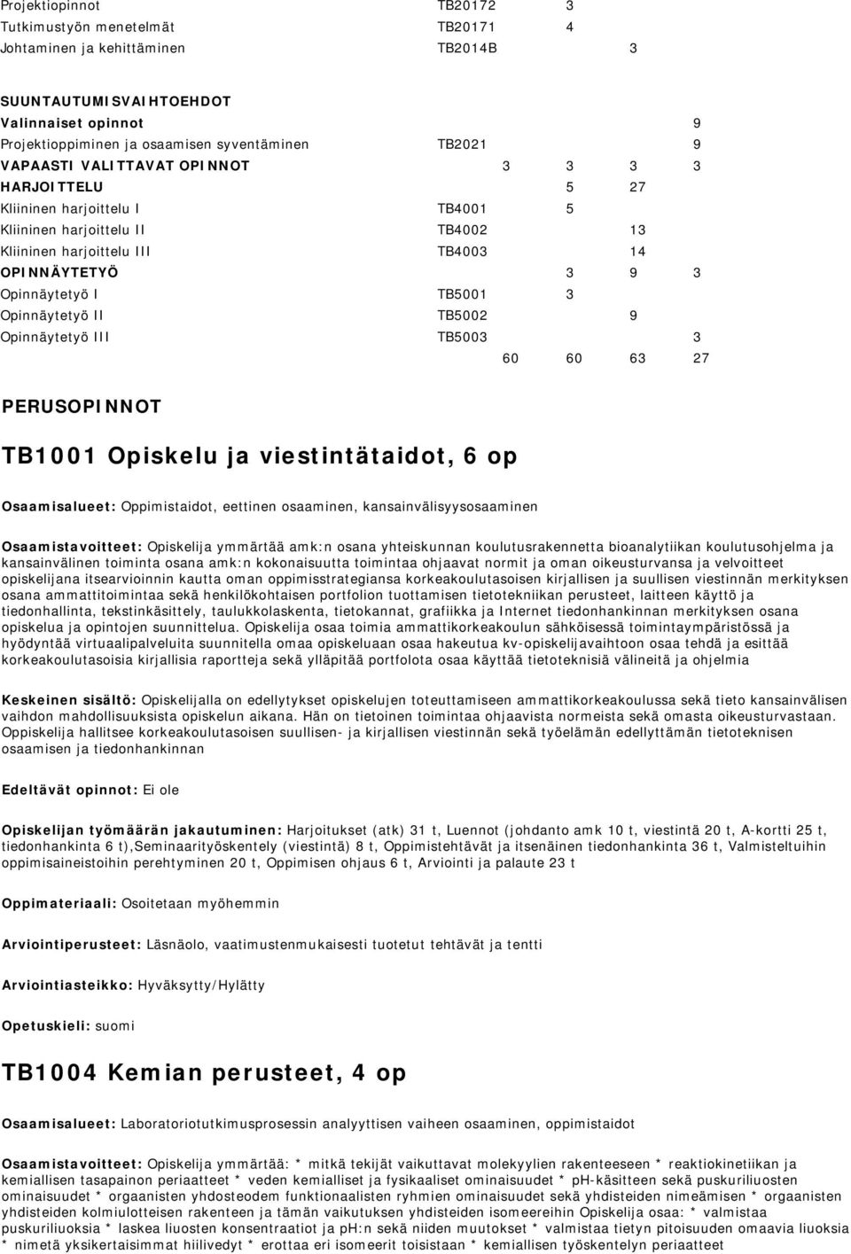 Opinnäytetyö II TB5002 9 Opinnäytetyö III TB5003 3 60 60 63 27 PERUSOPINNOT TB1001 Opiskelu ja viestintätaidot, 6 op Osaamisalueet: Oppimistaidot, eettinen osaaminen, kansainvälisyysosaaminen