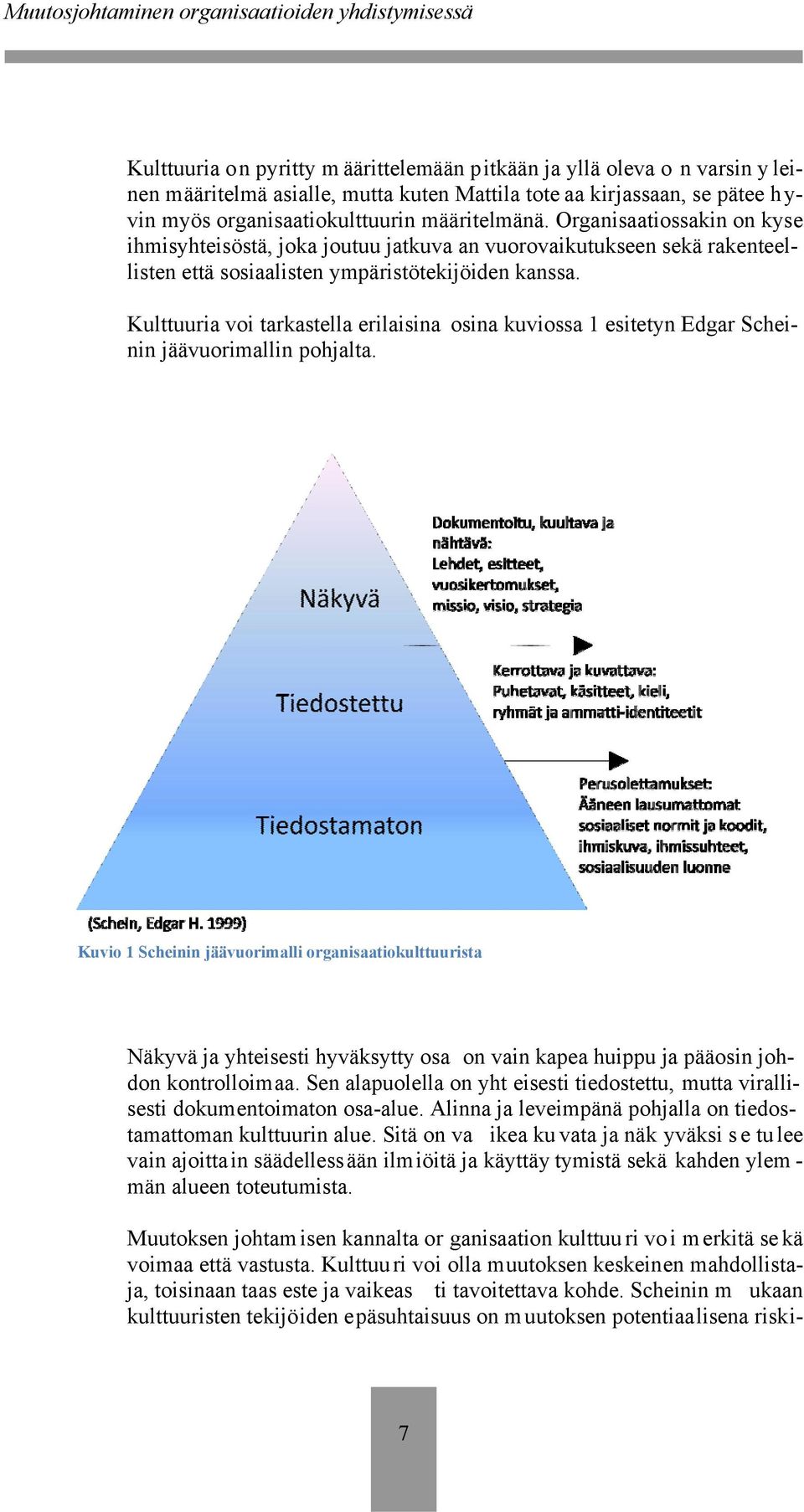 Kulttuuria voi tarkastella erilaisina osina kuviossa 1 esitetyn Edgar Scheinin jäävuorimallin pohjalta.