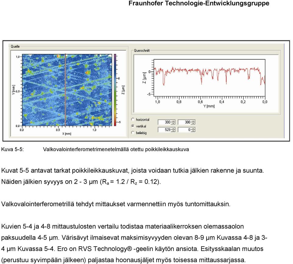 Kuvien 5-4 ja 4-8 mittaustulosten vertailu todistaa materiaalikerroksen olemassaolon paksuudella 4-5 µm.