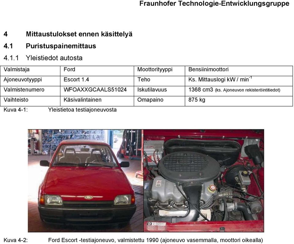 1 Yleistiedot autosta Valmistaja Ford Moottorityyppi Bensiinimoottori Ajoneuvotyyppi Escort 1.4 Teho Ks.