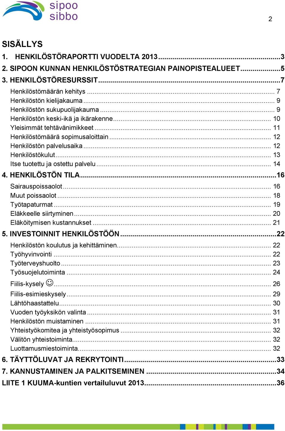 .. 13 Itse tuotettu ja ostettu palvelu... 14 4. HENKILÖSTÖN TILA... 16 Sairauspoissaolot... 16 Muut poissaolot... 18 Työtapaturmat... 19 Eläkkeelle siirtyminen... 20 Eläköitymisen kustannukset... 21 5.