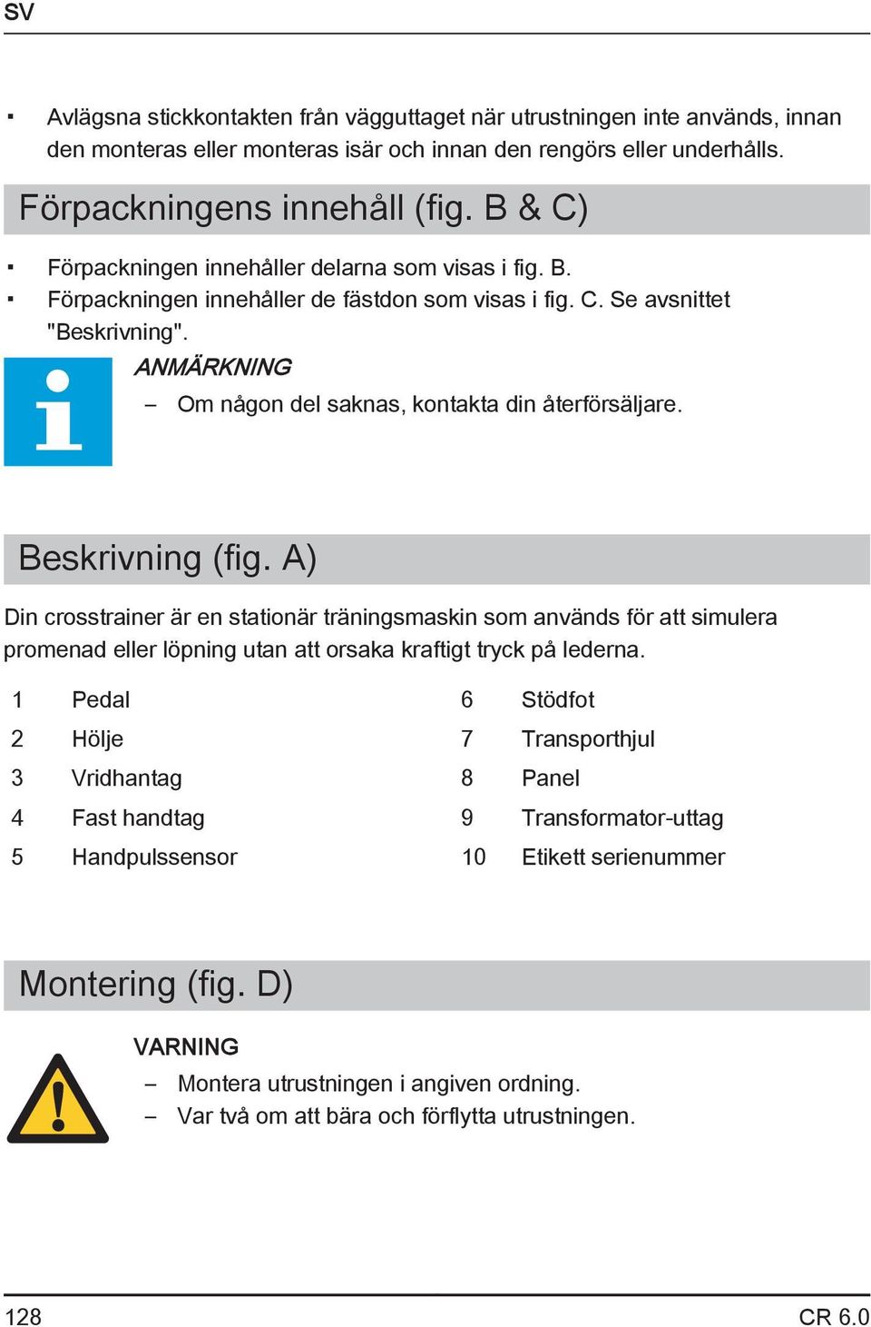 ANMÄRKNING Om någon del saknas, kontakta din återförsäljare. Beskrivning (fig.