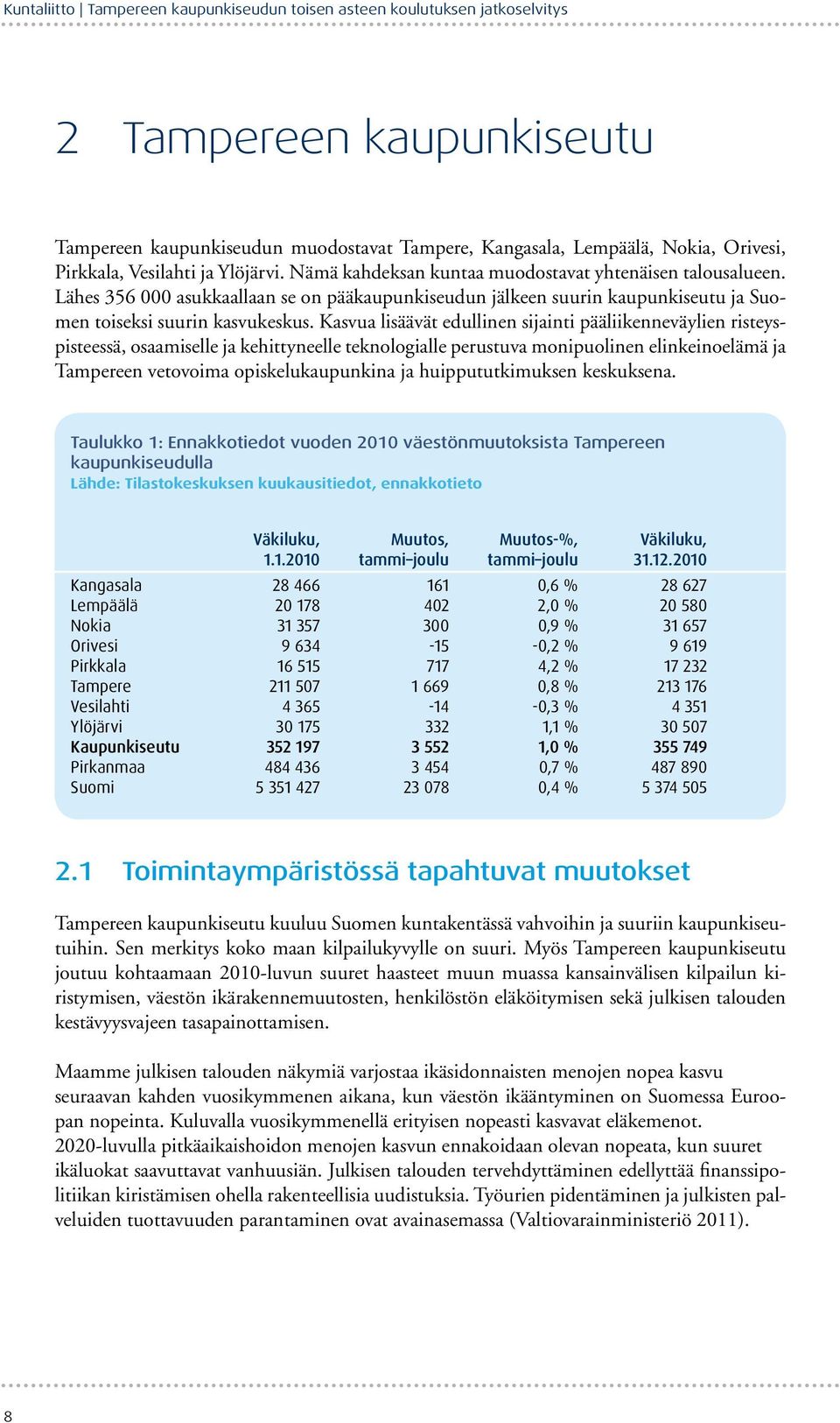 Kasvua lisäävät edullinen sijainti pääliikenneväylien risteyspisteessä, osaamiselle ja kehittyneelle teknologialle perustuva monipuolinen elinkeinoelämä ja Tampereen vetovoima opiskelukaupunkina ja