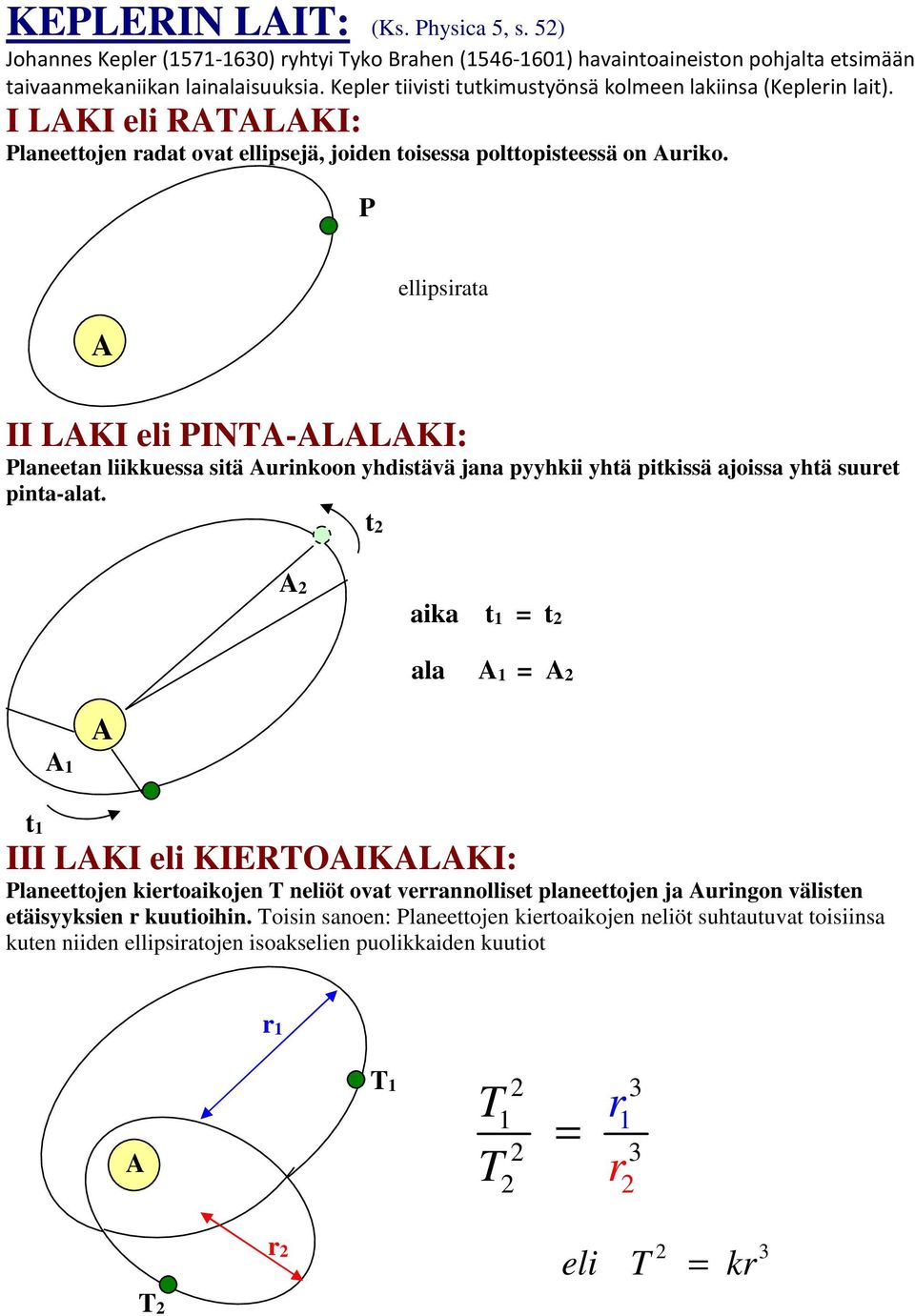 P A ellipsiata II LAKI eli PINA-ALALAKI: Planeetan liikkuessa sitä Auinkoon yhdistävä jana pyyhkii yhtä pitkissä ajoissa yhtä suuet pinta-alat.