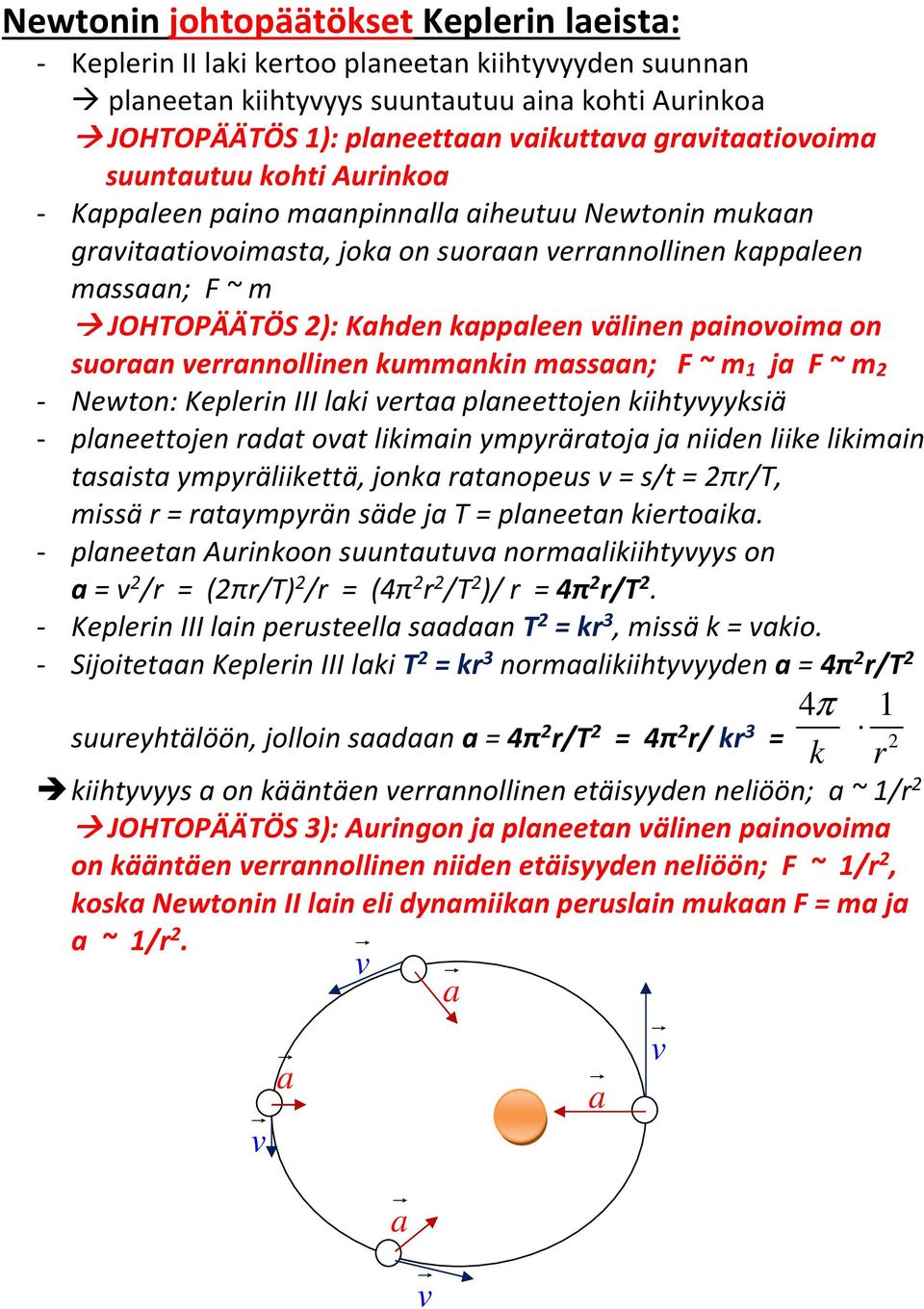 painovoima on suoaan veannollinen kummankin massaan; F ~ m ja F ~ m - Newton: Keplein III laki vetaa planeettojen kiihtyvyyksiä - planeettojen adat ovat likimain ympyäatoja ja niiden liike likimain