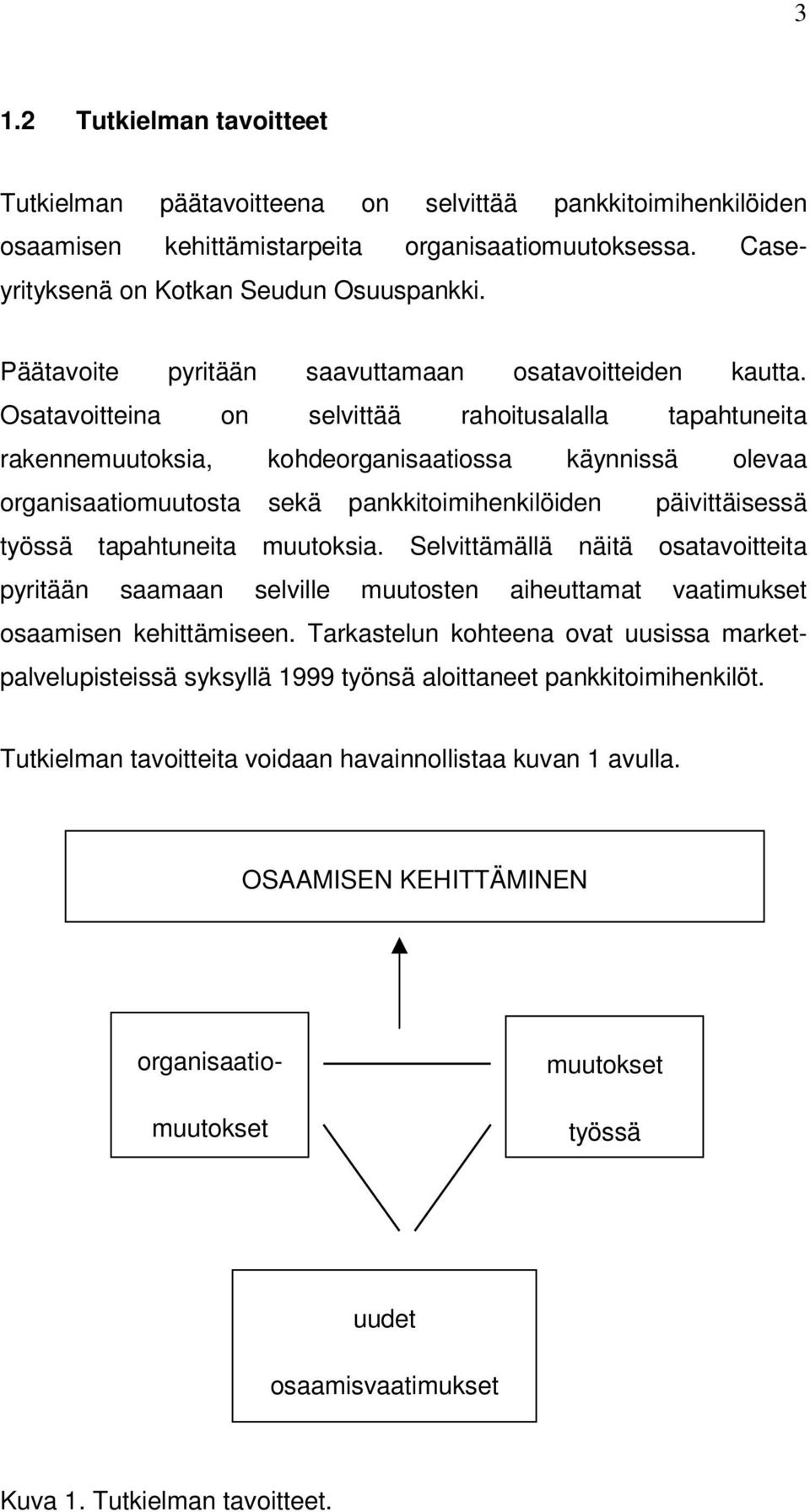 Osatavoitteina on selvittää rahoitusalalla tapahtuneita rakennemuutoksia, kohdeorganisaatiossa käynnissä olevaa organisaatiomuutosta sekä pankkitoimihenkilöiden päivittäisessä työssä tapahtuneita