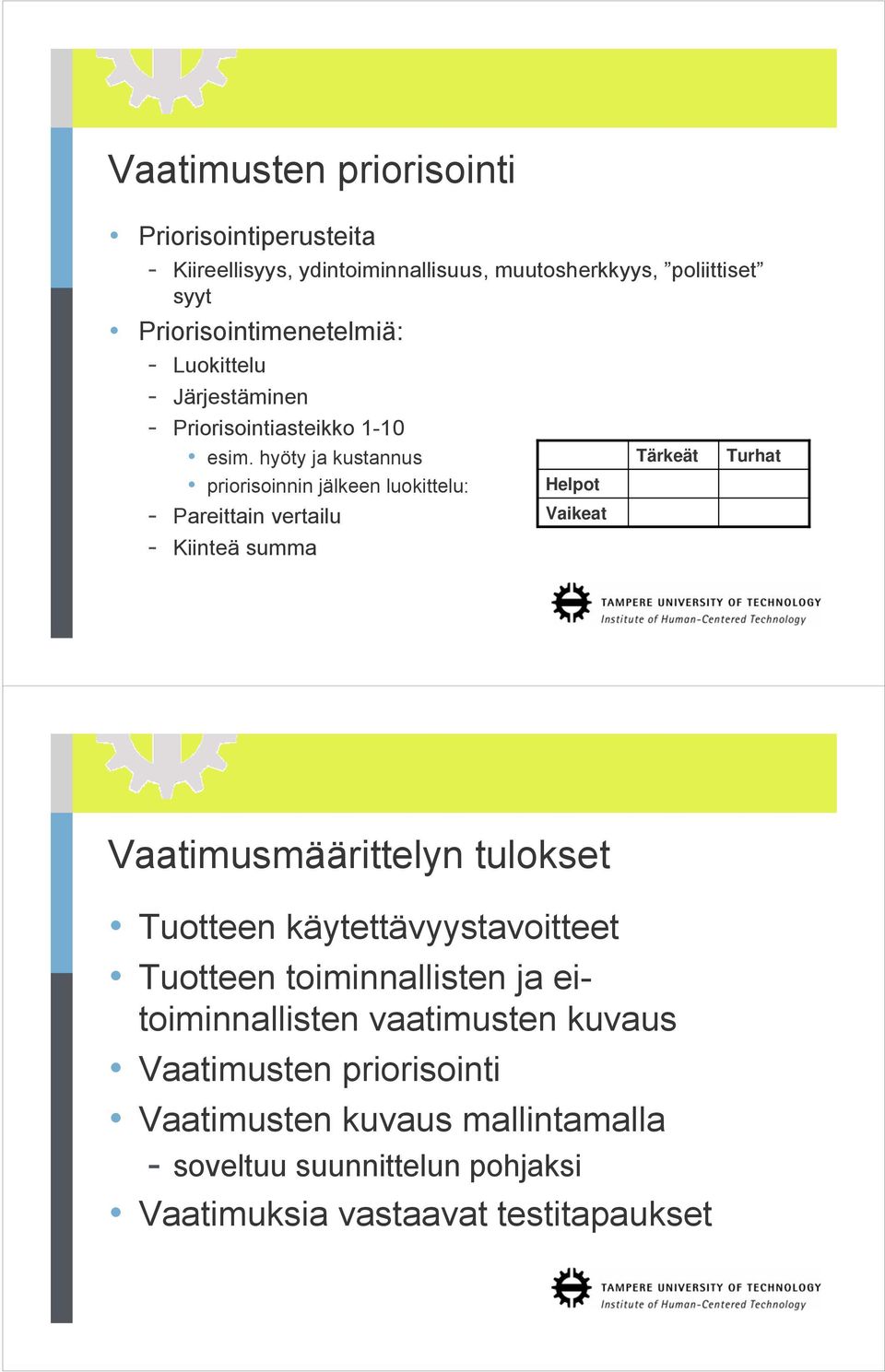 hyöty ja kustannus Tärkeät priorisoinnin jälkeen luokittelu: Helpot - Pareittain vertailu Vaikeat - Kiinteä summa Turhat Vaatimusmäärittelyn