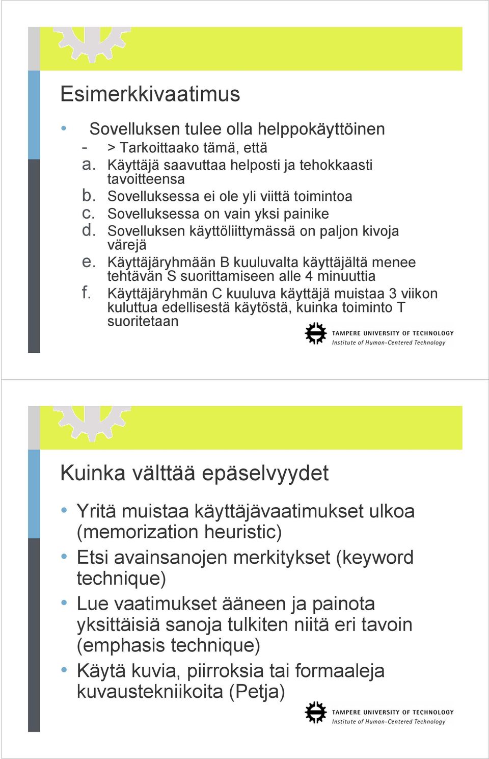 Käyttäjäryhmän C kuuluva käyttäjä muistaa 3 viikon kuluttua edellisestä käytöstä, kuinka toiminto T suoritetaan Kuinka välttää epäselvyydet Yritä muistaa käyttäjävaatimukset ulkoa (memorization